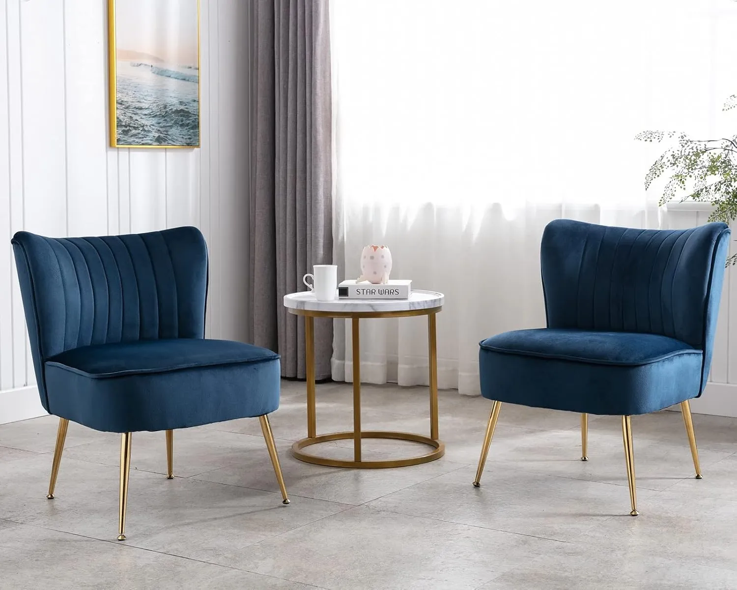 CIMOTA Velvet Accent Chairs Set of 2 Modern Armless Slipper Wingback Single Sofa Side Comfy Corner Chair with Golden Legs for Living Room Bedroom, Navy Blue