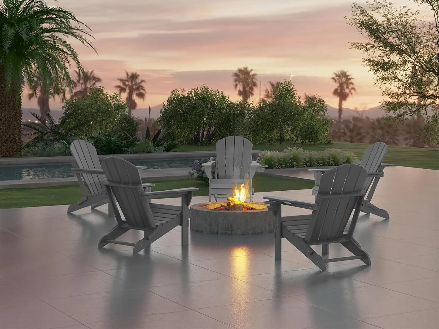 Ciokea Folding Adirondack Chair Wood Texture, Patio Chair Weather Resistant, Plastic Fire Pit Chair with Cup Holder, for Lawn Outdoor Porch Garden Backyard Deck (Grey)