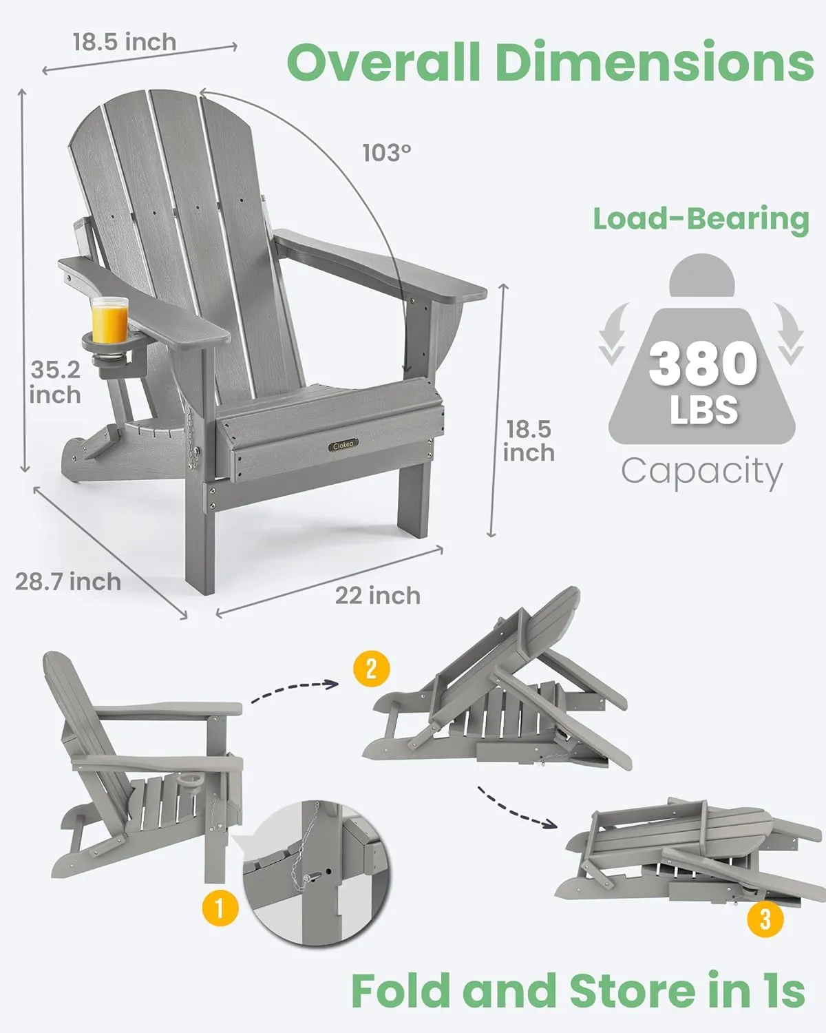 Ciokea Folding Adirondack Chair Wood Texture, Patio Chair Weather Resistant, Plastic Fire Pit Chair with Cup Holder, for Lawn Outdoor Porch Garden Backyard Deck (Grey)