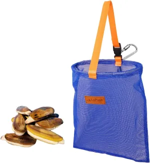 Clam Bag with Carabiner – Heavy-Duty Clam Net with Coated Mesh and Steel Ring – For Razor Clams, Clamming & Surf Fishing – Handheld or Belt Carry