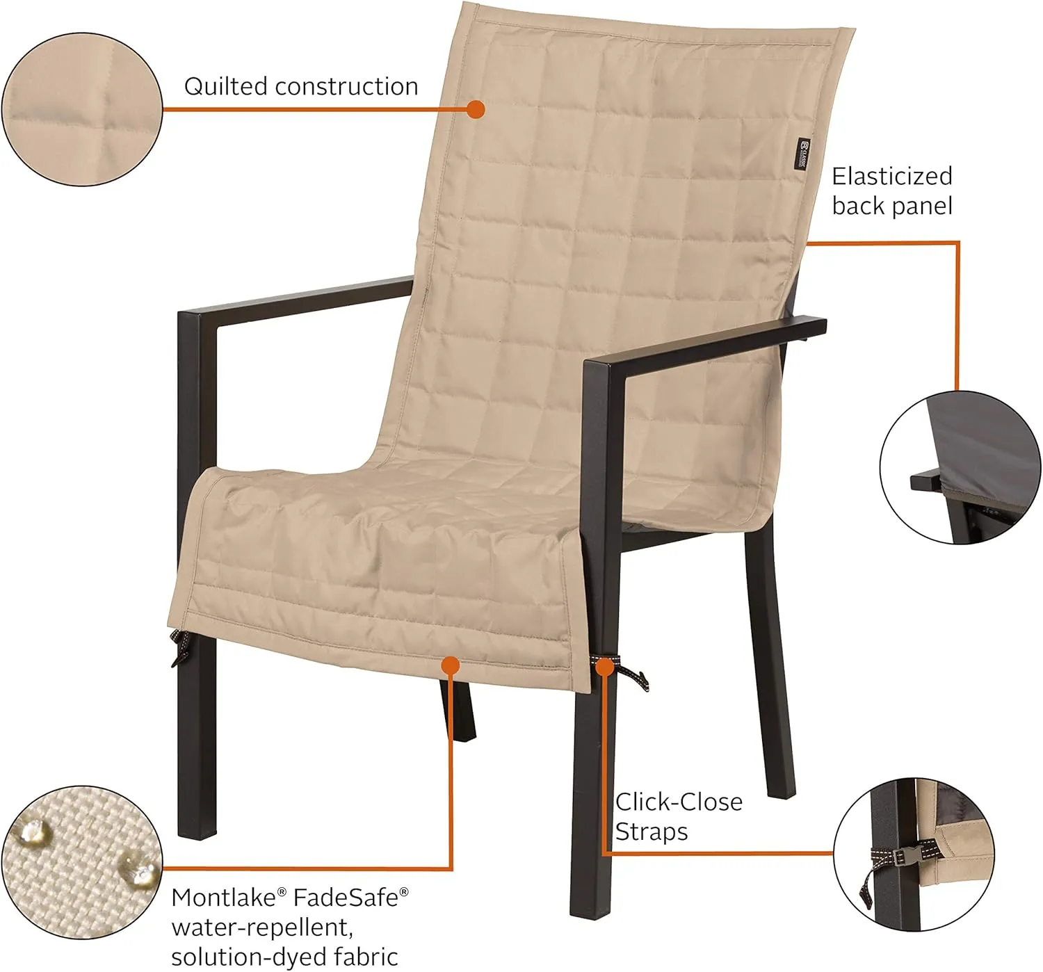 Classic Accessories Montlake Water-Resistant 45 Inch Patio Chair Slipcover, Antique Beige, Patio Furniture Covers