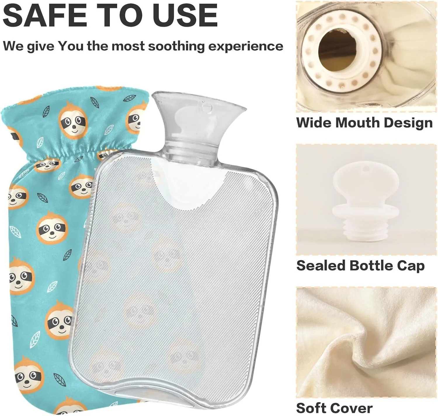 Classic Hot Water Bottle with Cover, 1L Winter Hot Water Bag for Tummy Cramps Neck and Shoulder Waist Pain Relief, Hand Feet Bed Warmer, Cute Sloth Face Blue