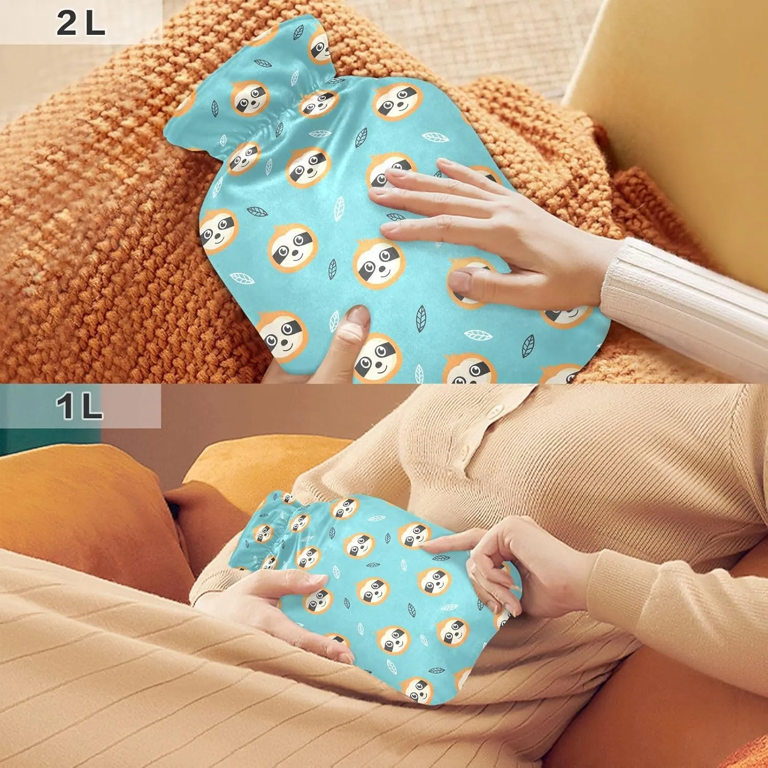 Classic Hot Water Bottle with Cover, 1L Winter Hot Water Bag for Tummy Cramps Neck and Shoulder Waist Pain Relief, Hand Feet Bed Warmer, Cute Sloth Face Blue