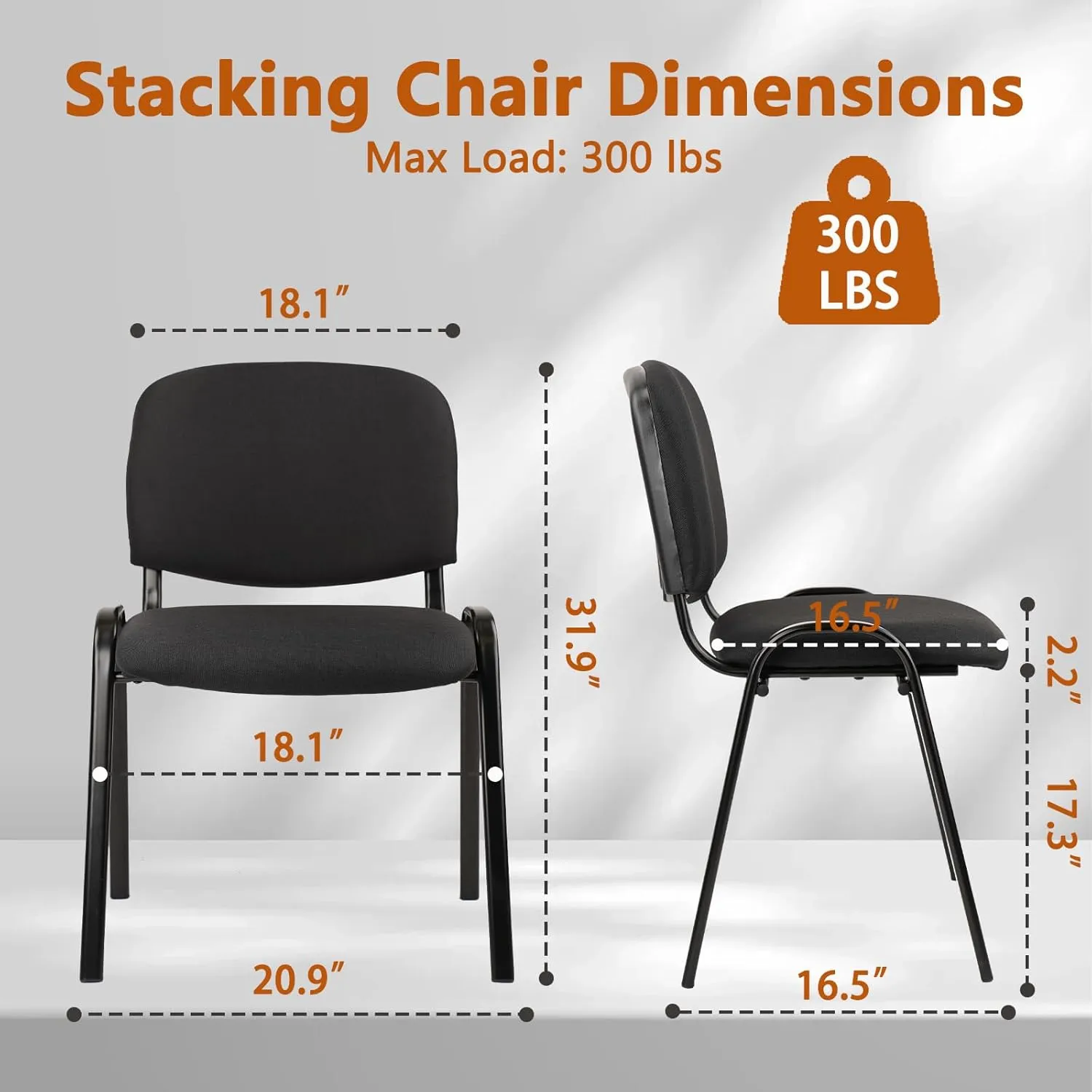 CLATINA Stackable Waiting Room Chairs, Cloth Fabric Guest Reception Chair with Upholstered Thickene Seat and Back Support, Stacking Chair Metal Leg for Office School Church Conference, Black, 5 Pack