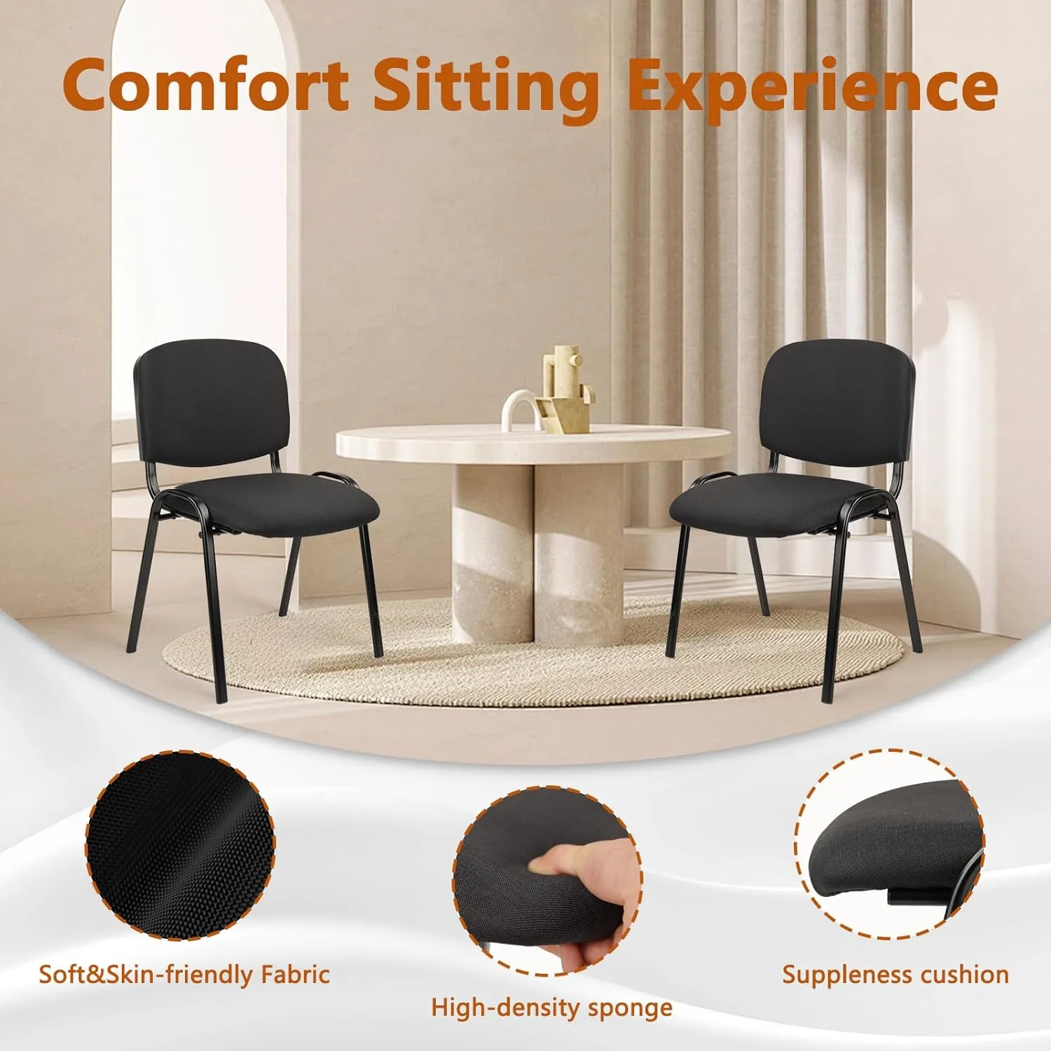 CLATINA Stackable Waiting Room Chairs, Cloth Fabric Guest Reception Chair with Upholstered Thickene Seat and Back Support, Stacking Chair Metal Leg for Office School Church Conference, Black, 5 Pack
