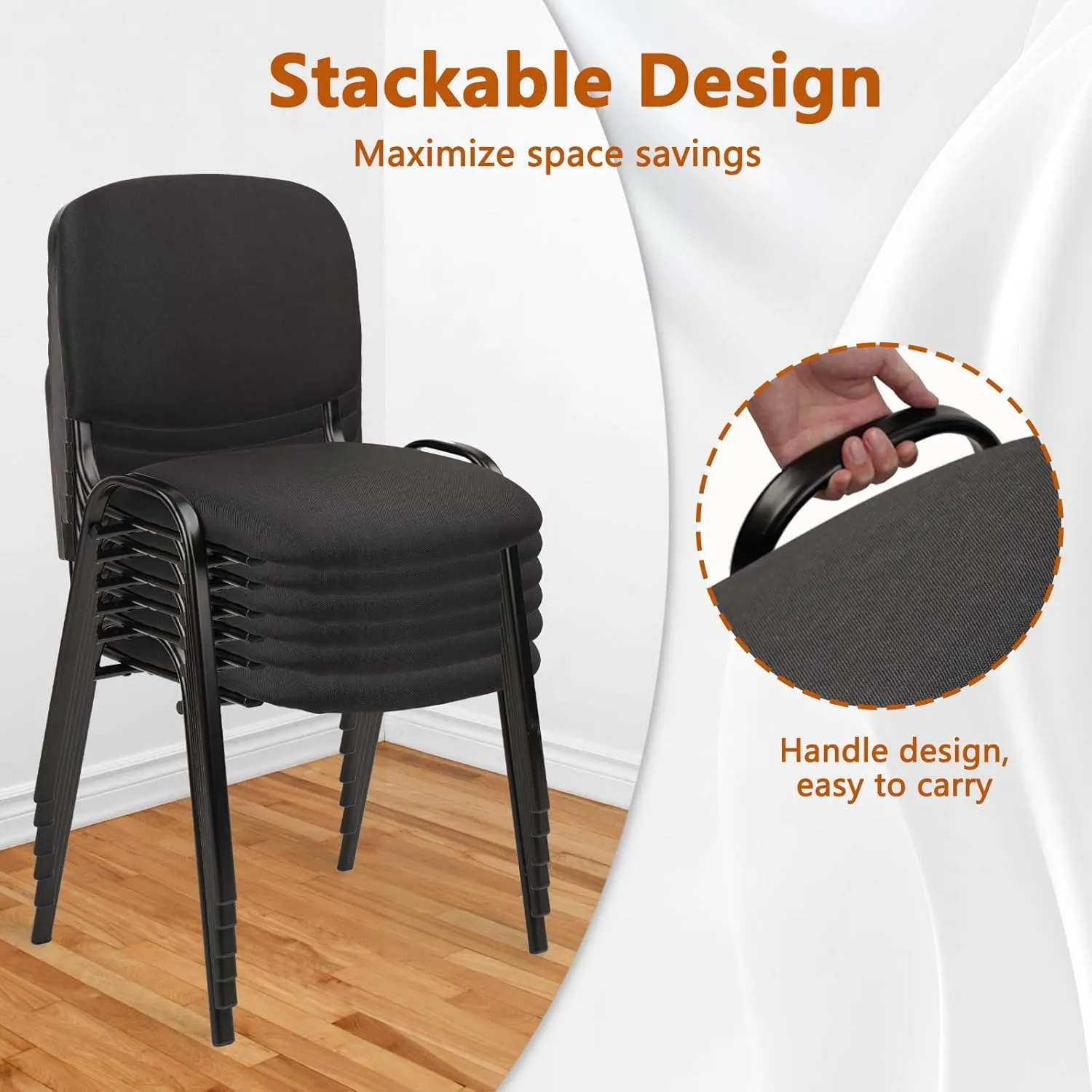 CLATINA Stackable Waiting Room Chairs, Cloth Fabric Guest Reception Chair with Upholstered Thickene Seat and Back Support, Stacking Chair Metal Leg for Office School Church Conference, Black, 5 Pack
