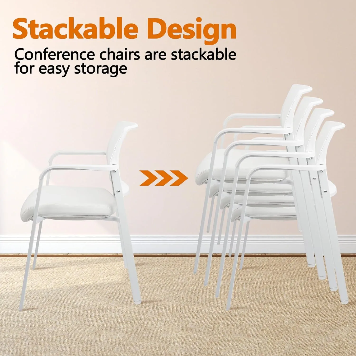 CLATINA Stacking Office Chairs | Mesh Back, Thicken Leather Seat and Arms, Ergonomic Lumber Support | Guest Reception, Waiting, Conference, School, Party, Customer, Side, Stationary | Set of 2, White