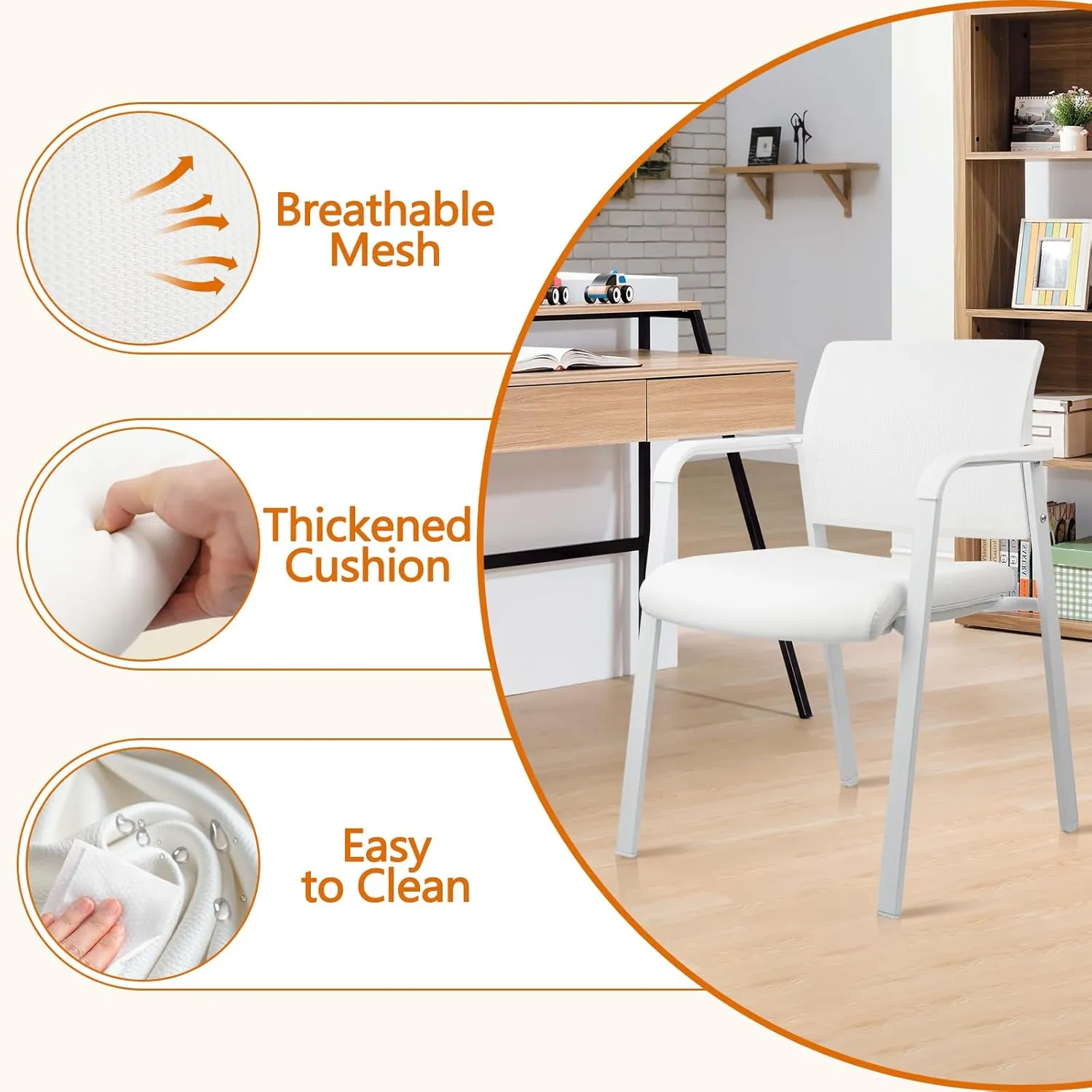 CLATINA Stacking Office Chairs | Mesh Back, Thicken Leather Seat and Arms, Ergonomic Lumber Support | Guest Reception, Waiting, Conference, School, Party, Customer, Side, Stationary | Set of 2, White