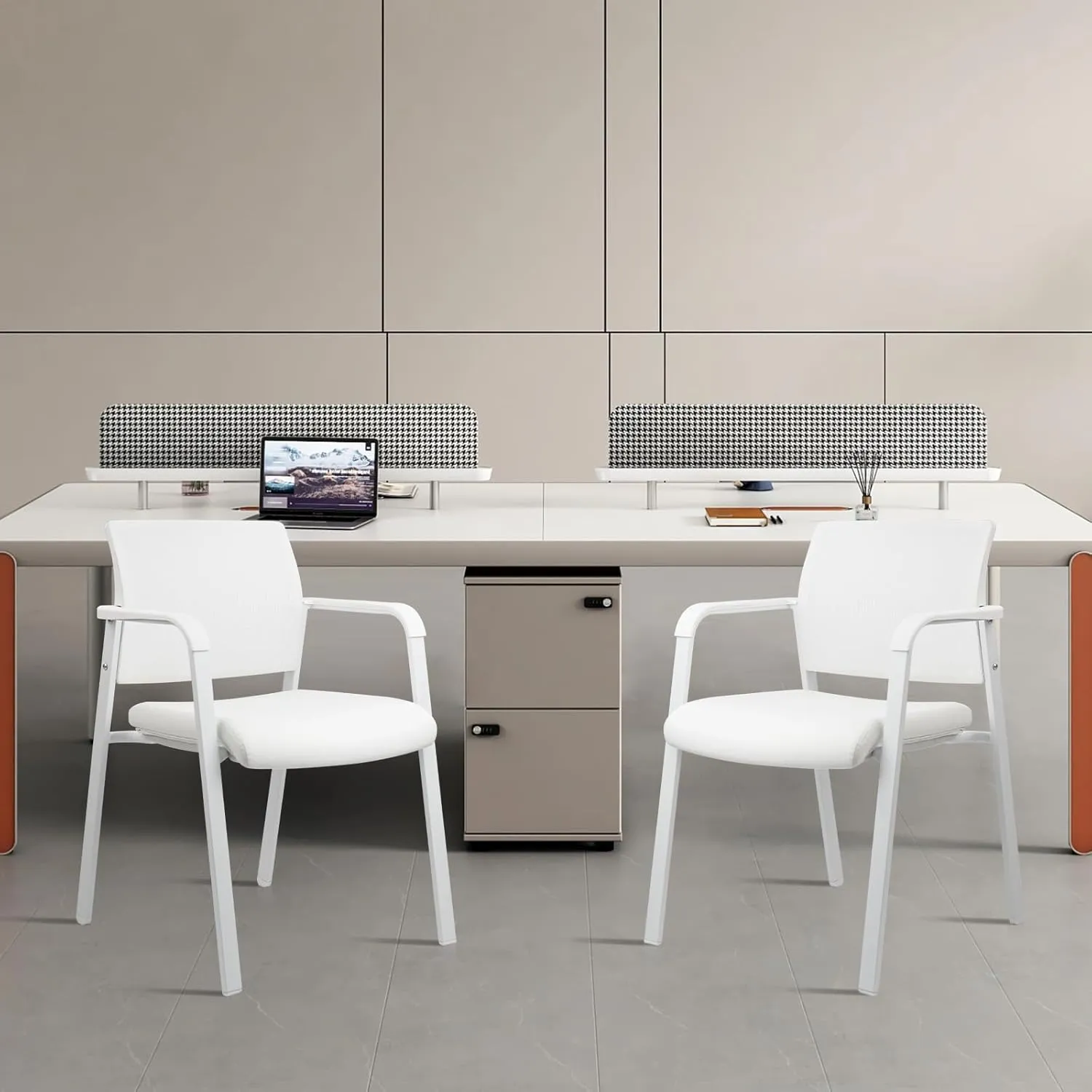 CLATINA Stacking Office Chairs | Mesh Back, Thicken Leather Seat and Arms, Ergonomic Lumber Support | Guest Reception, Waiting, Conference, School, Party, Customer, Side, Stationary | Set of 2, White