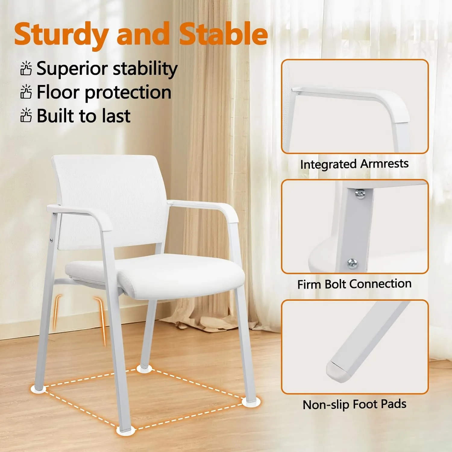 CLATINA Stacking Office Chairs | Mesh Back, Thicken Leather Seat and Arms, Ergonomic Lumber Support | Guest Reception, Waiting, Conference, School, Party, Customer, Side, Stationary | Set of 2, White