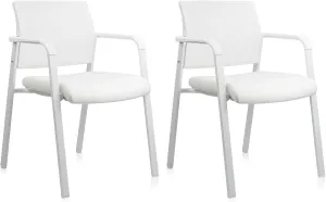 CLATINA Stacking Office Chairs | Mesh Back, Thicken Leather Seat and Arms, Ergonomic Lumber Support | Guest Reception, Waiting, Conference, School, Party, Customer, Side, Stationary | Set of 2, White