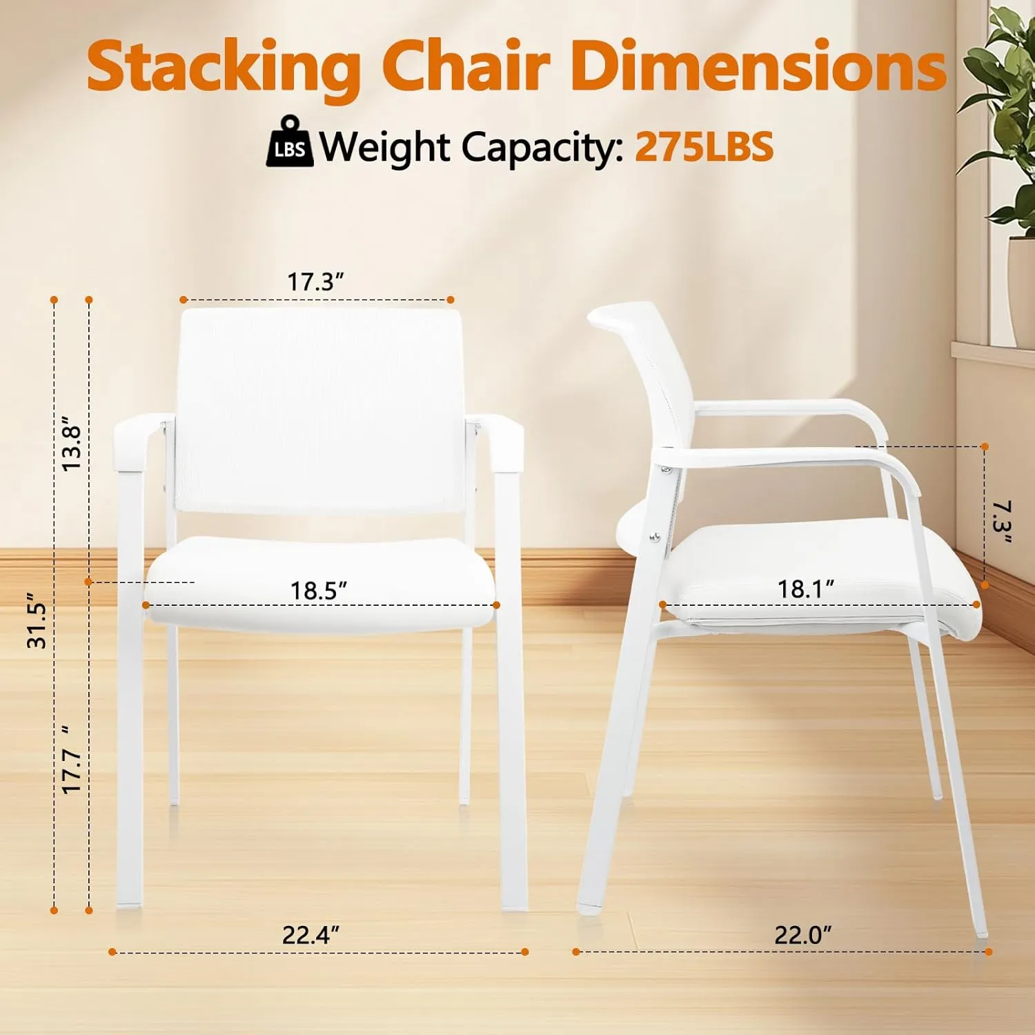 CLATINA Stacking Office Chairs | Mesh Back, Thicken Leather Seat and Arms, Ergonomic Lumber Support | Guest Reception, Waiting, Conference, School, Party, Customer, Side, Stationary | Set of 2, White