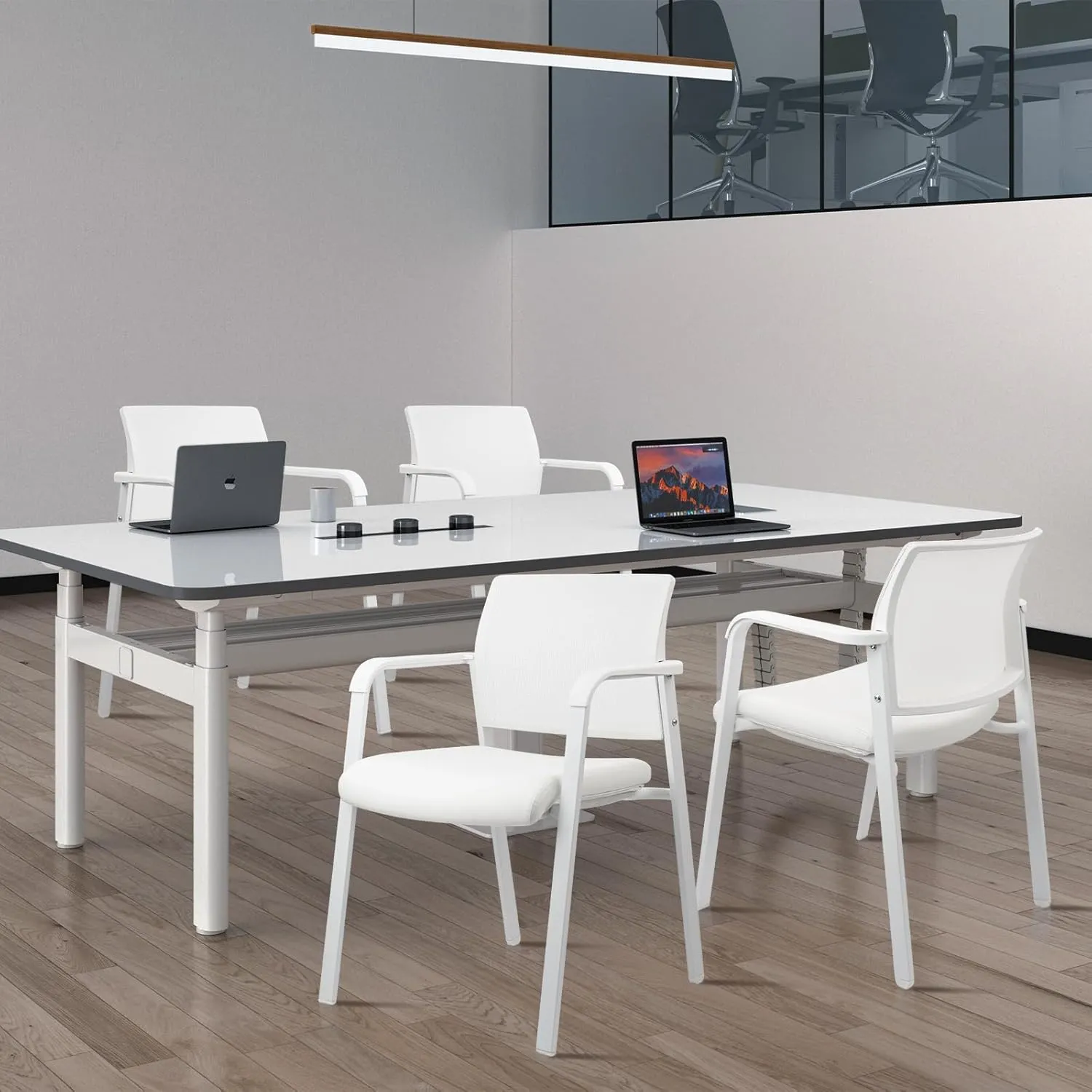 CLATINA Stacking Office Chairs | Mesh Back, Thicken Leather Seat and Arms, Ergonomic Lumber Support | Guest Reception, Waiting, Conference, School, Party, Customer, Side, Stationary | Set of 2, White