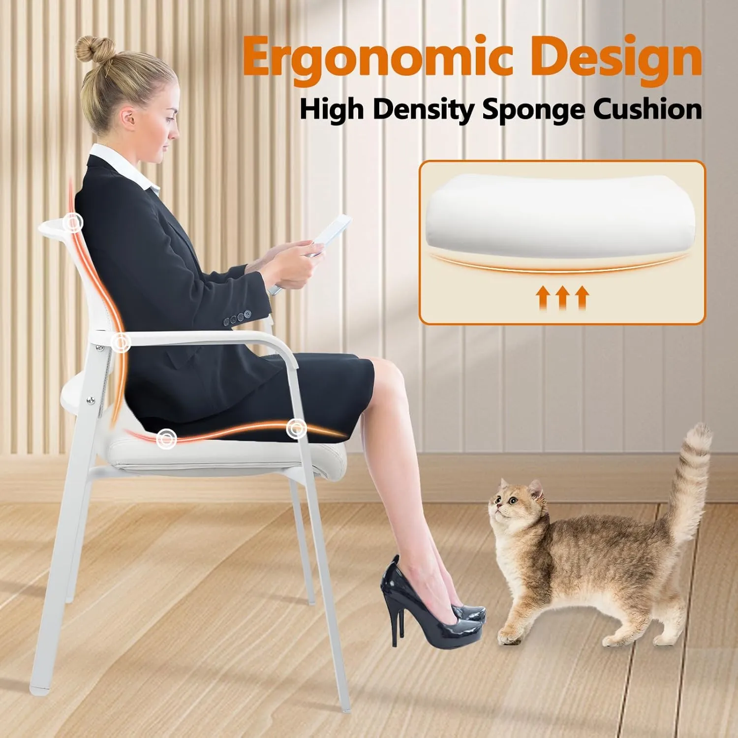 CLATINA Stacking Office Chairs | Mesh Back, Thicken Leather Seat and Arms, Ergonomic Lumber Support | Guest Reception, Waiting, Conference, School, Party, Customer, Side, Stationary | Set of 2, White