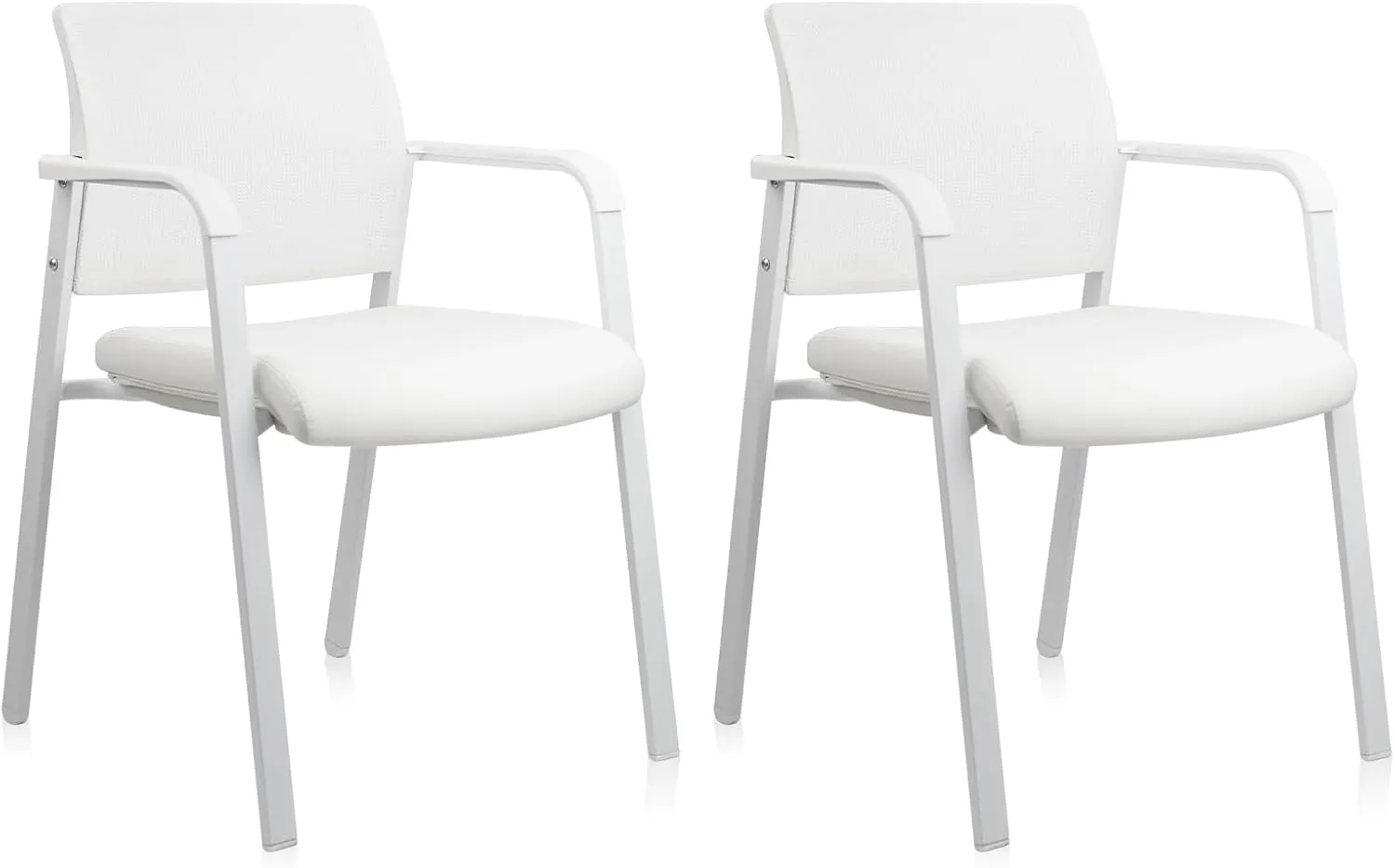 CLATINA Stacking Office Chairs | Mesh Back, Thicken Leather Seat and Arms, Ergonomic Lumber Support | Guest Reception, Waiting, Conference, School, Party, Customer, Side, Stationary | Set of 2, White