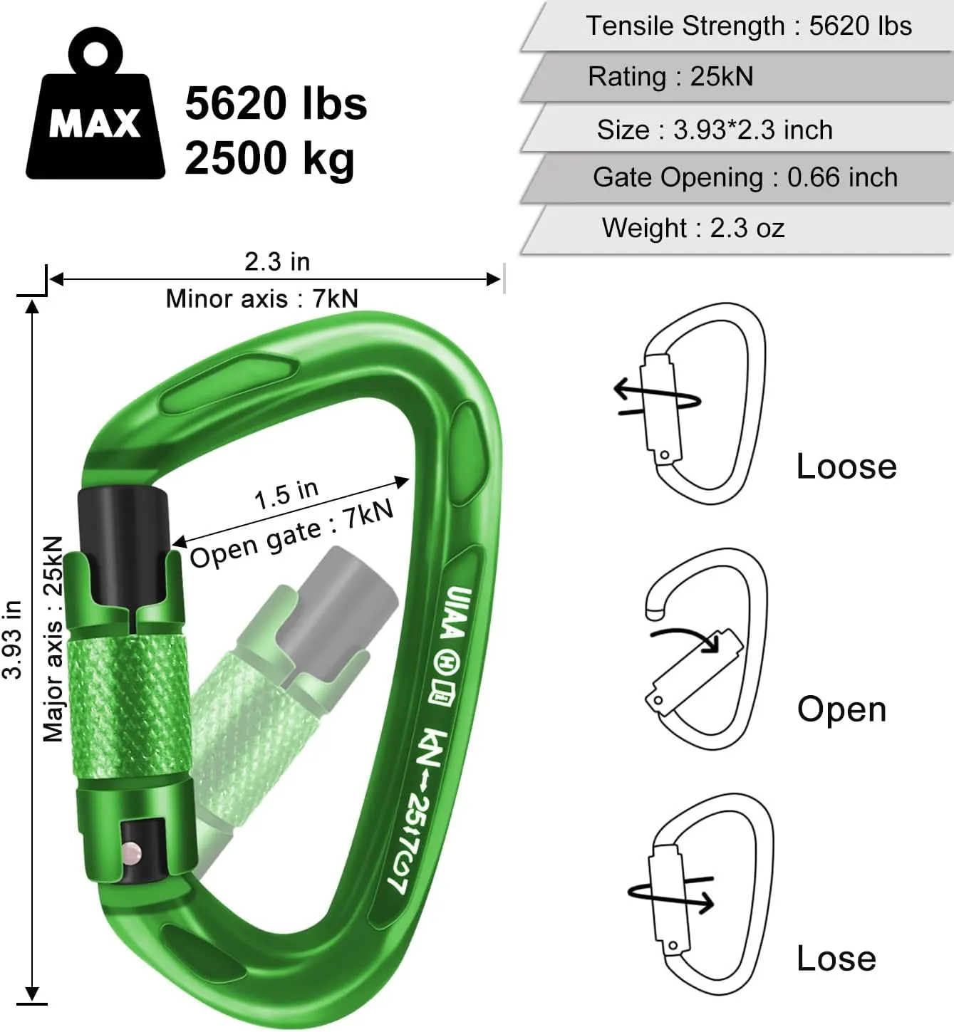 Climbing Carabiner Clips 25kN Auto Locking Carabiner, Professional Heavy Duty Large Locking Carabiner Clips for Rock/Ice Climbing Rappelling Rescue Swing etc, D Shaped, Large Size