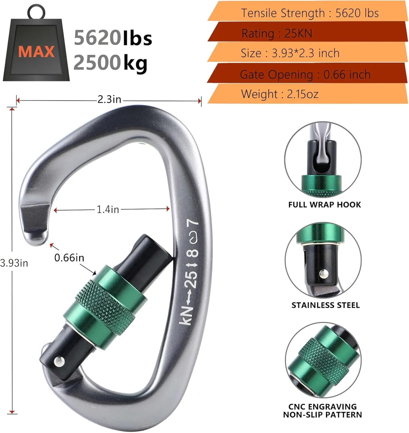 Climbing Locking Carabiner Clip Rappelling - Thorn 25KN Heavy Duty Large Screwgate Carabiners Clips for Rock Climbing,Mountaineer,Hammock,Camping,Gym
