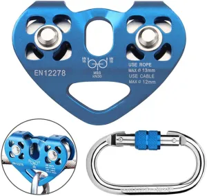 Climbing Zip Line Pulley 30KN Double Tandem Speed Dual Trolley with 25kN Carabiner for 1/4 5/16 3/8 1/2 Cable for Zipline Climbing Rescue Pulley