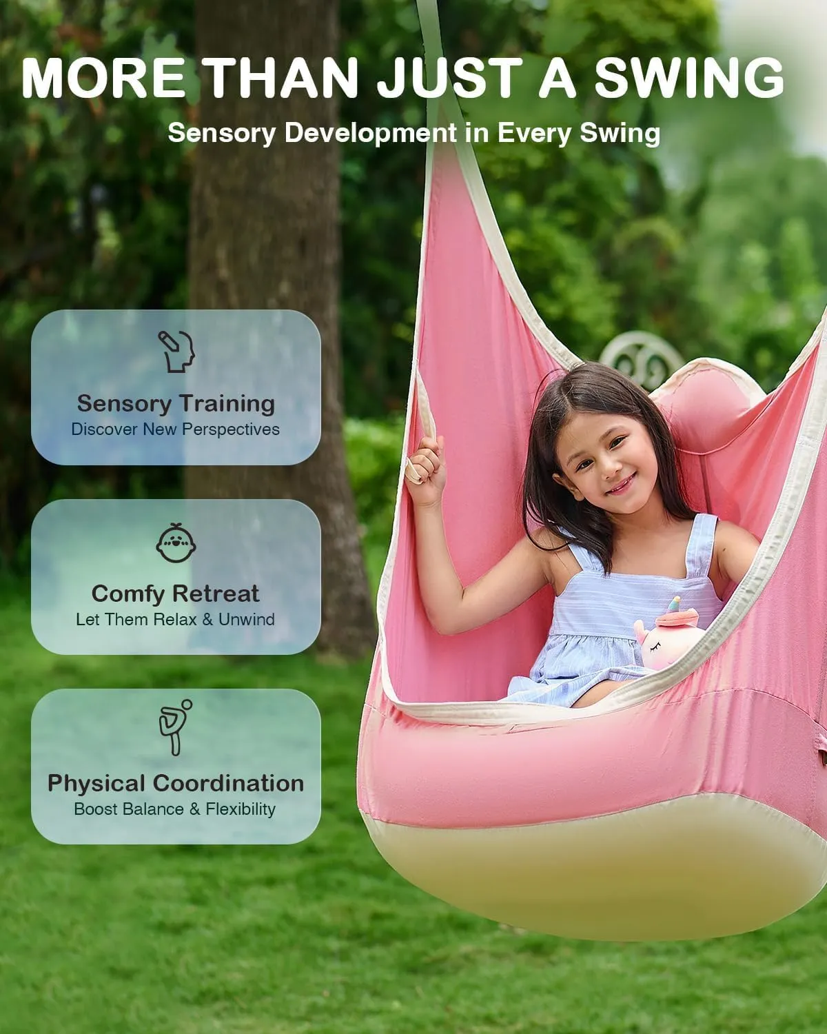 CO-Z Upgraded Kids Hanging Pod Swing Chair with Inflatable Cushion, Child Hanging Hammock for Indoor and Outdoor, Sensory Pod Swing for Kids (Two Straps, Pink)