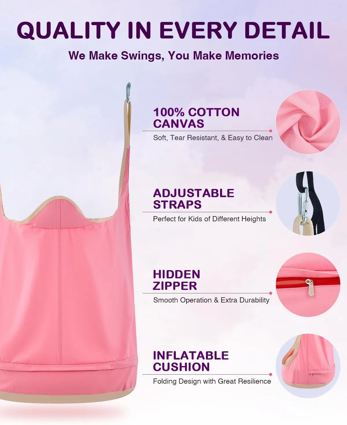 CO-Z Upgraded Kids Hanging Pod Swing Chair with Inflatable Cushion, Child Hanging Hammock for Indoor and Outdoor, Sensory Pod Swing for Kids (Two Straps, Pink)