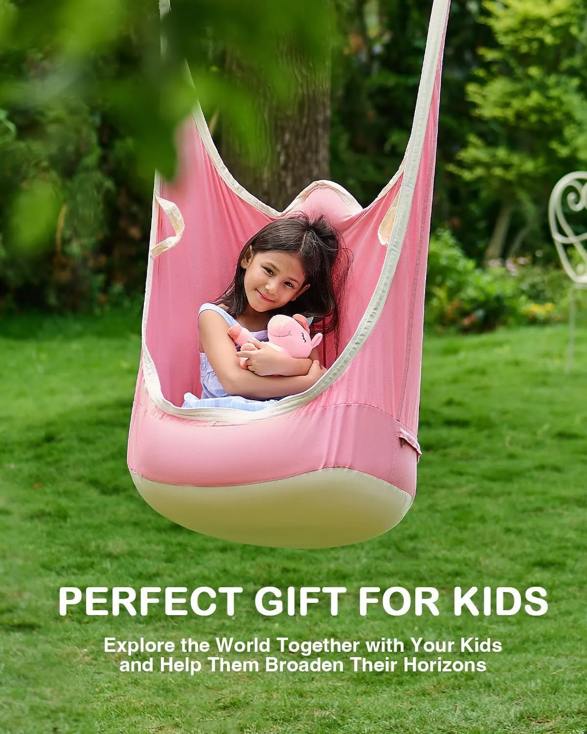 CO-Z Upgraded Kids Hanging Pod Swing Chair with Inflatable Cushion, Child Hanging Hammock for Indoor and Outdoor, Sensory Pod Swing for Kids (Two Straps, Pink)