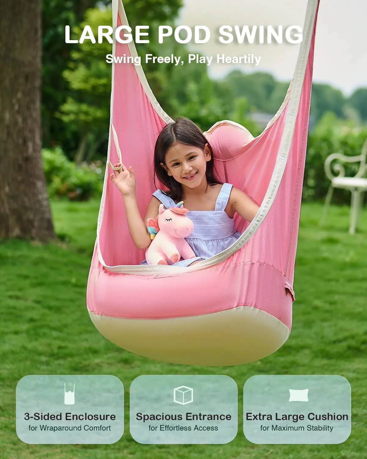 CO-Z Upgraded Kids Hanging Pod Swing Chair with Inflatable Cushion, Child Hanging Hammock for Indoor and Outdoor, Sensory Pod Swing for Kids (Two Straps, Pink)