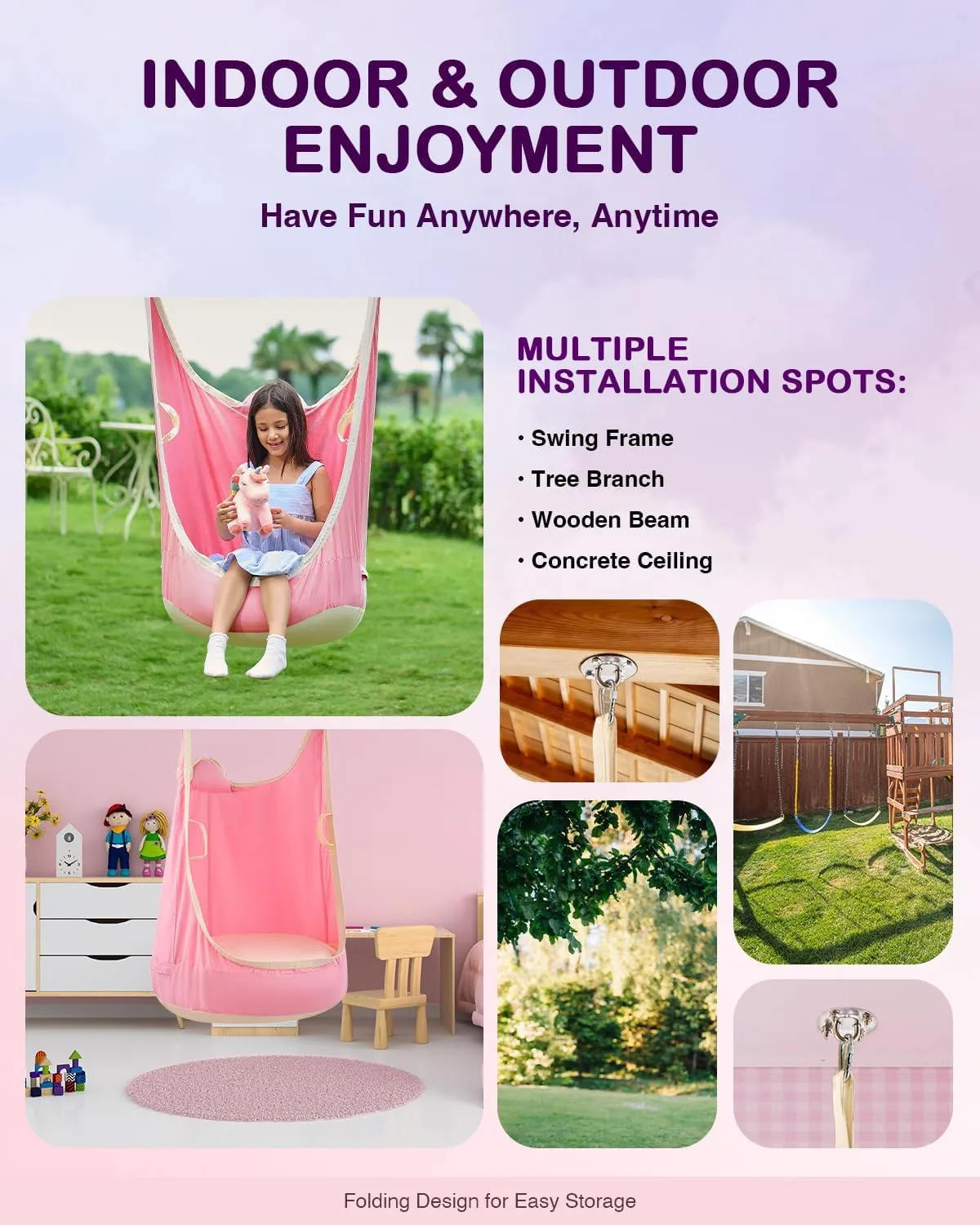 CO-Z Upgraded Kids Hanging Pod Swing Chair with Inflatable Cushion, Child Hanging Hammock for Indoor and Outdoor, Sensory Pod Swing for Kids (Two Straps, Pink)