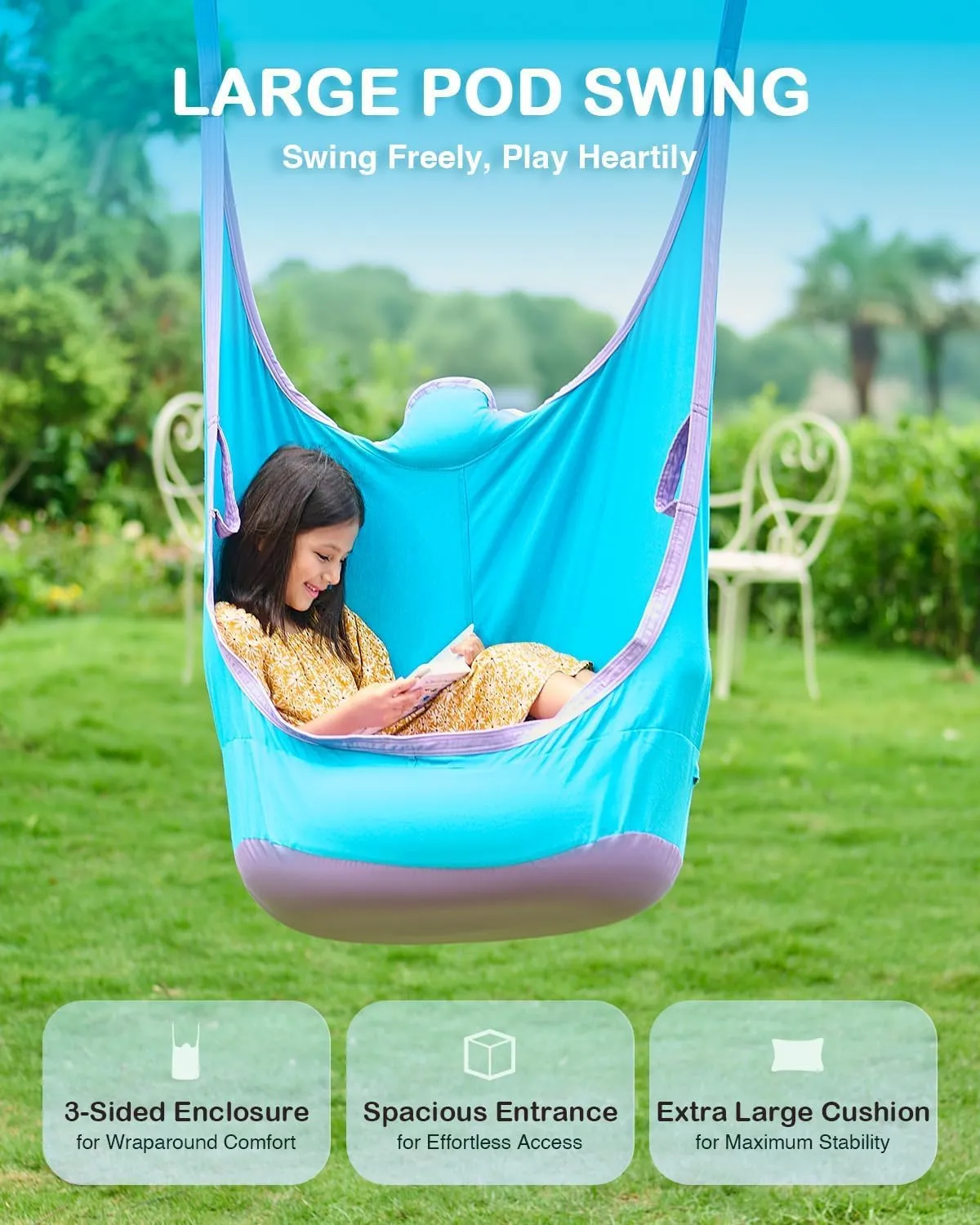 CO-Z Upgraded Kids Pod Swing, Hanging Pod Swing Chair with Inflatable Cushion, Child Hanging Hammock Swing for Indoor and Outdoor, Sensory Pod Swing for Kids (Two Straps, Blue)
