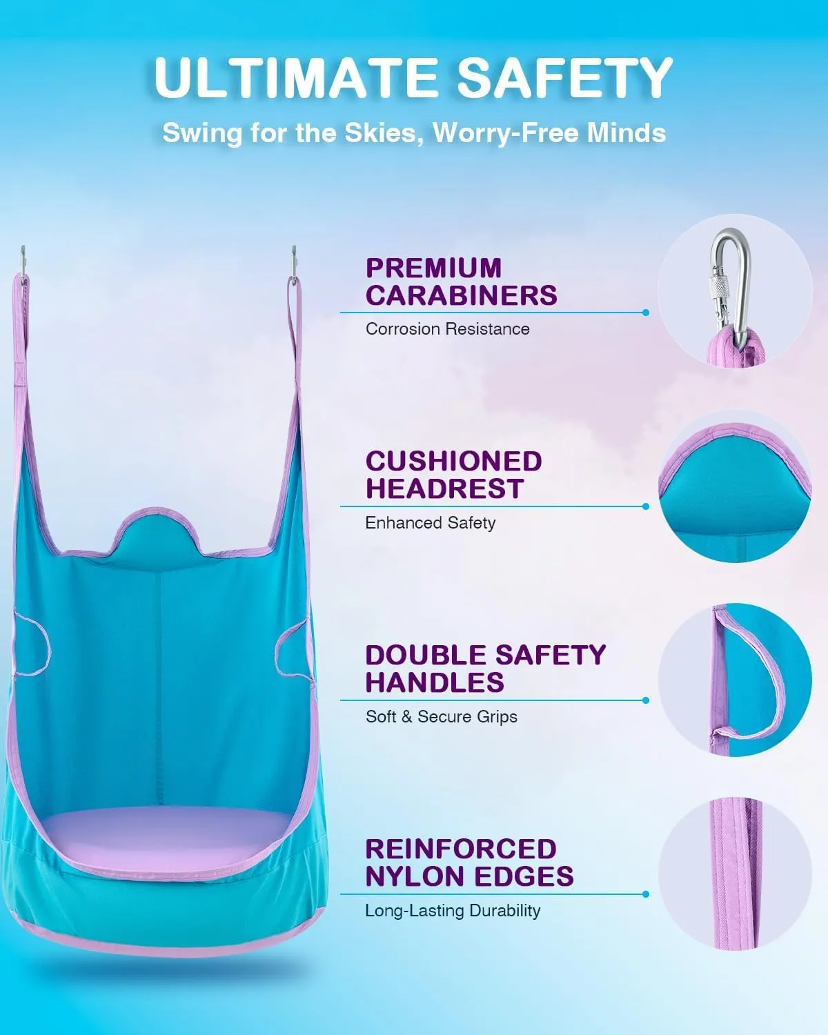 CO-Z Upgraded Kids Pod Swing, Hanging Pod Swing Chair with Inflatable Cushion, Child Hanging Hammock Swing for Indoor and Outdoor, Sensory Pod Swing for Kids (Two Straps, Blue)