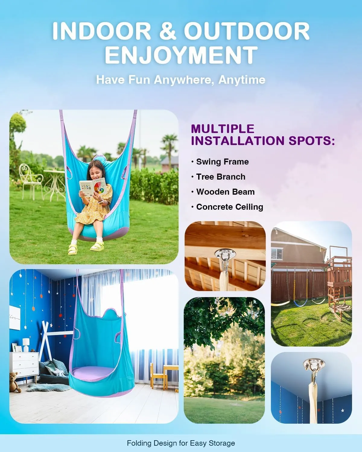 CO-Z Upgraded Kids Pod Swing, Hanging Pod Swing Chair with Inflatable Cushion, Child Hanging Hammock Swing for Indoor and Outdoor, Sensory Pod Swing for Kids (Two Straps, Blue)