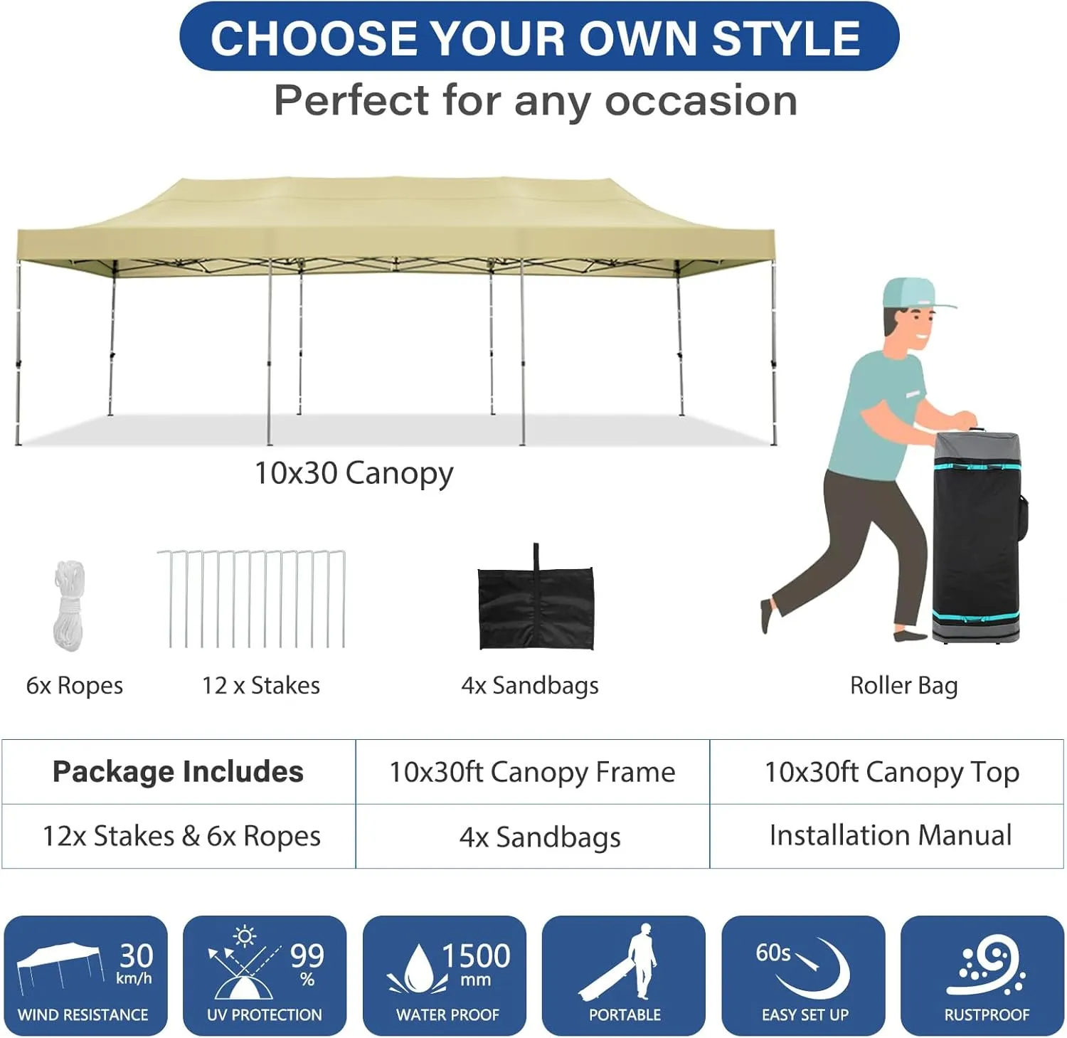 COBIZI 10x30 Pop up Canopy Tent Heavy Duty Without Sidewalls, Easy Set-up Commercial Outdoor Party Tent, 100% Waterproof Wedding Tent Gazebo, 3 Height Adjustable with Wheeled Bag, Khaki