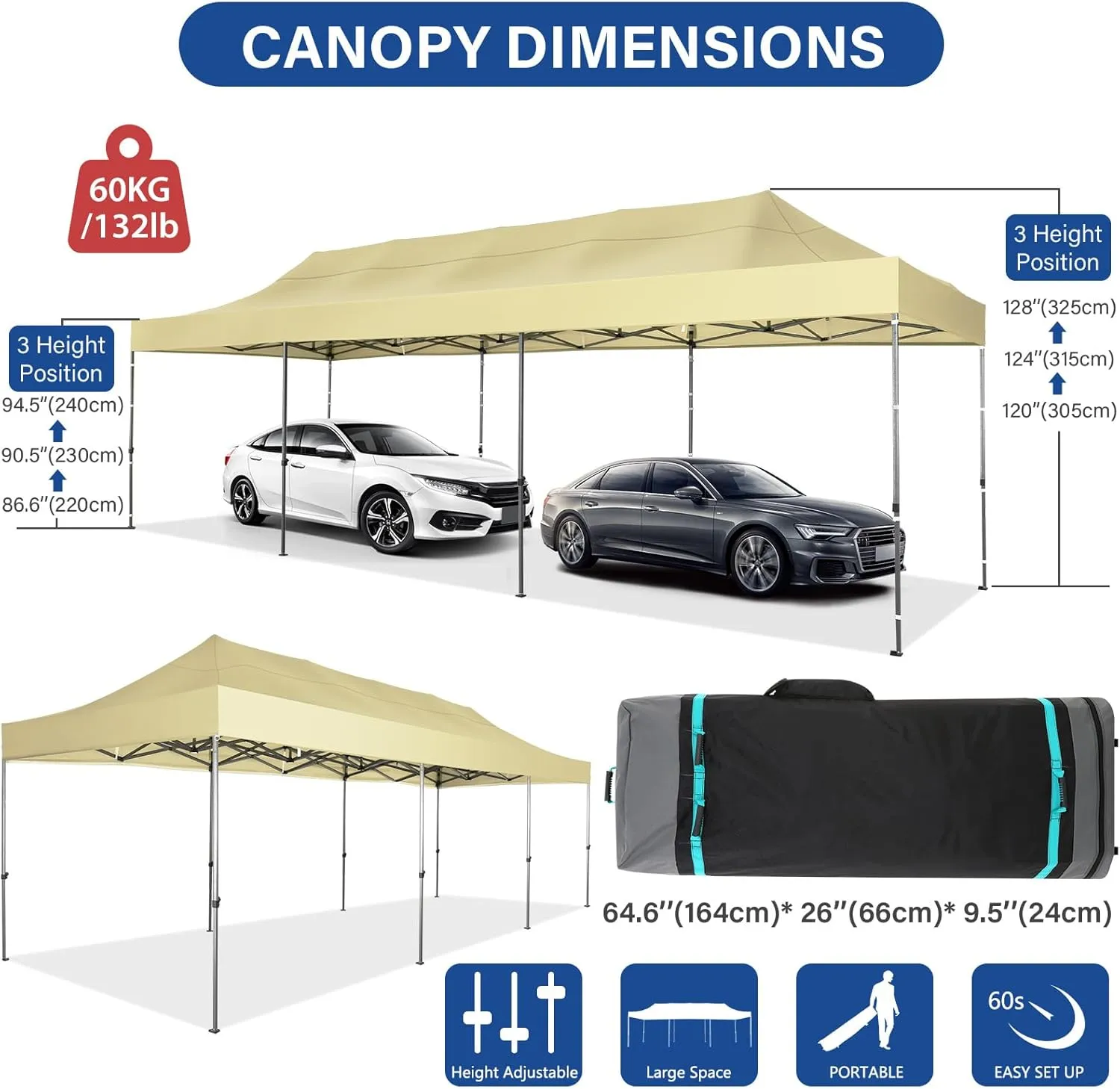 COBIZI 10x30 Pop up Canopy Tent Heavy Duty Without Sidewalls, Easy Set-up Commercial Outdoor Party Tent, 100% Waterproof Wedding Tent Gazebo, 3 Height Adjustable with Wheeled Bag, Khaki