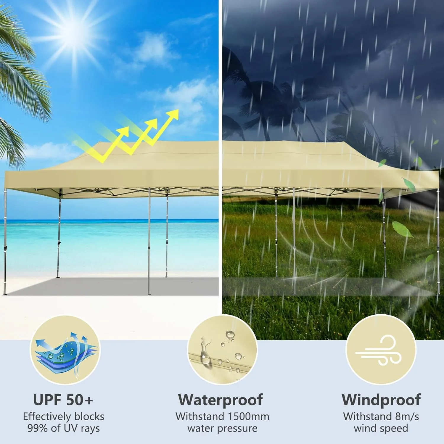 COBIZI 10x30 Pop up Canopy Tent Heavy Duty Without Sidewalls, Easy Set-up Commercial Outdoor Party Tent, 100% Waterproof Wedding Tent Gazebo, 3 Height Adjustable with Wheeled Bag, Khaki