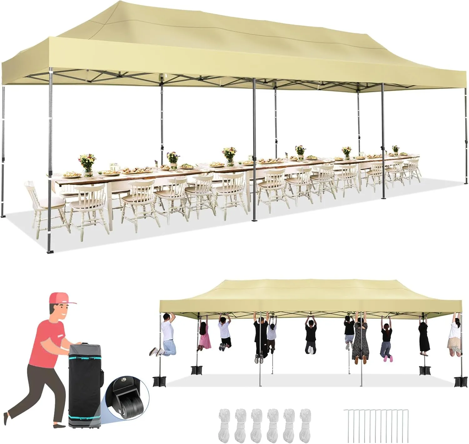 COBIZI 10x30 Pop up Canopy Tent Heavy Duty Without Sidewalls, Easy Set-up Commercial Outdoor Party Tent, 100% Waterproof Wedding Tent Gazebo, 3 Height Adjustable with Wheeled Bag, Khaki