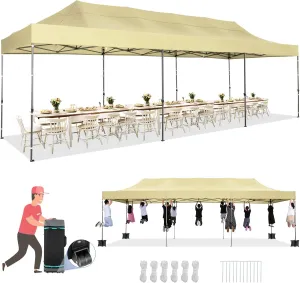COBIZI 10x30 Pop up Canopy Tent Heavy Duty Without Sidewalls, Easy Set-up Commercial Outdoor Party Tent, 100% Waterproof Wedding Tent Gazebo, 3 Height Adjustable with Wheeled Bag, Khaki