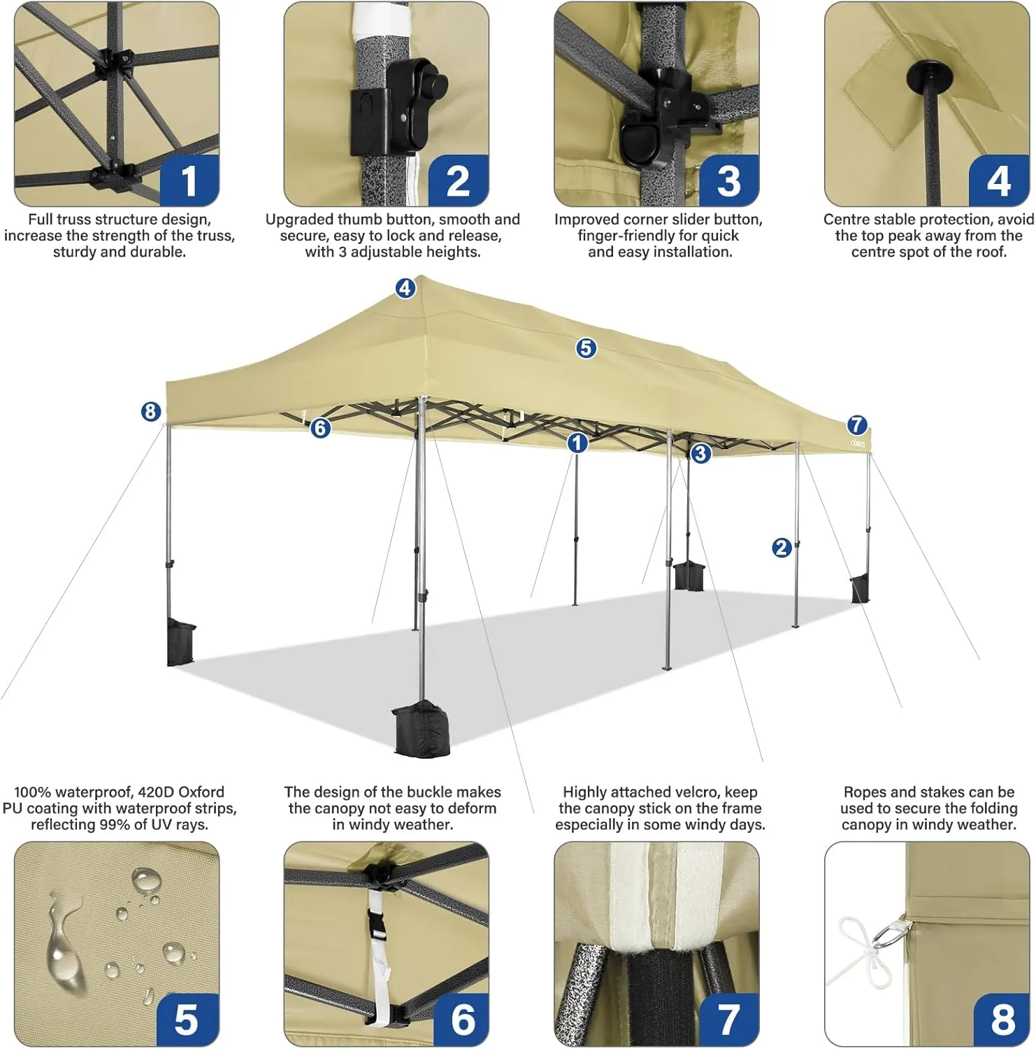 COBIZI 10x30 Pop up Canopy Tent Heavy Duty Without Sidewalls, Easy Set-up Commercial Outdoor Party Tent, 100% Waterproof Wedding Tent Gazebo, 3 Height Adjustable with Wheeled Bag, Khaki