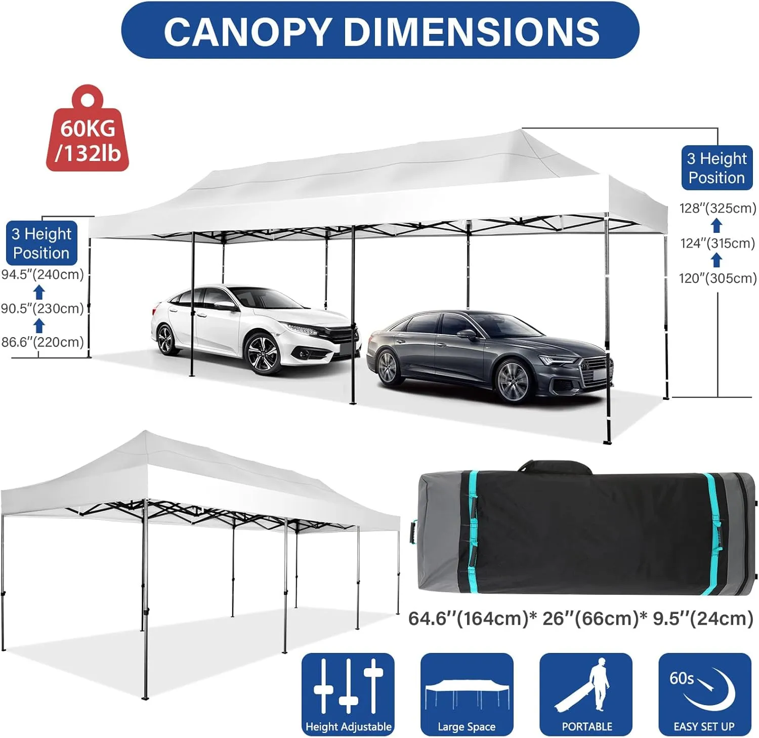 COBIZI 10x30 Pop up Canopy Tent Heavy Duty Without Sidewalls, Easy Set-up Commercial Outdoor Party Tent, 100% Waterproof Wedding Tent Gazebo, 3 Height Adjustable with Wheeled Bag, White