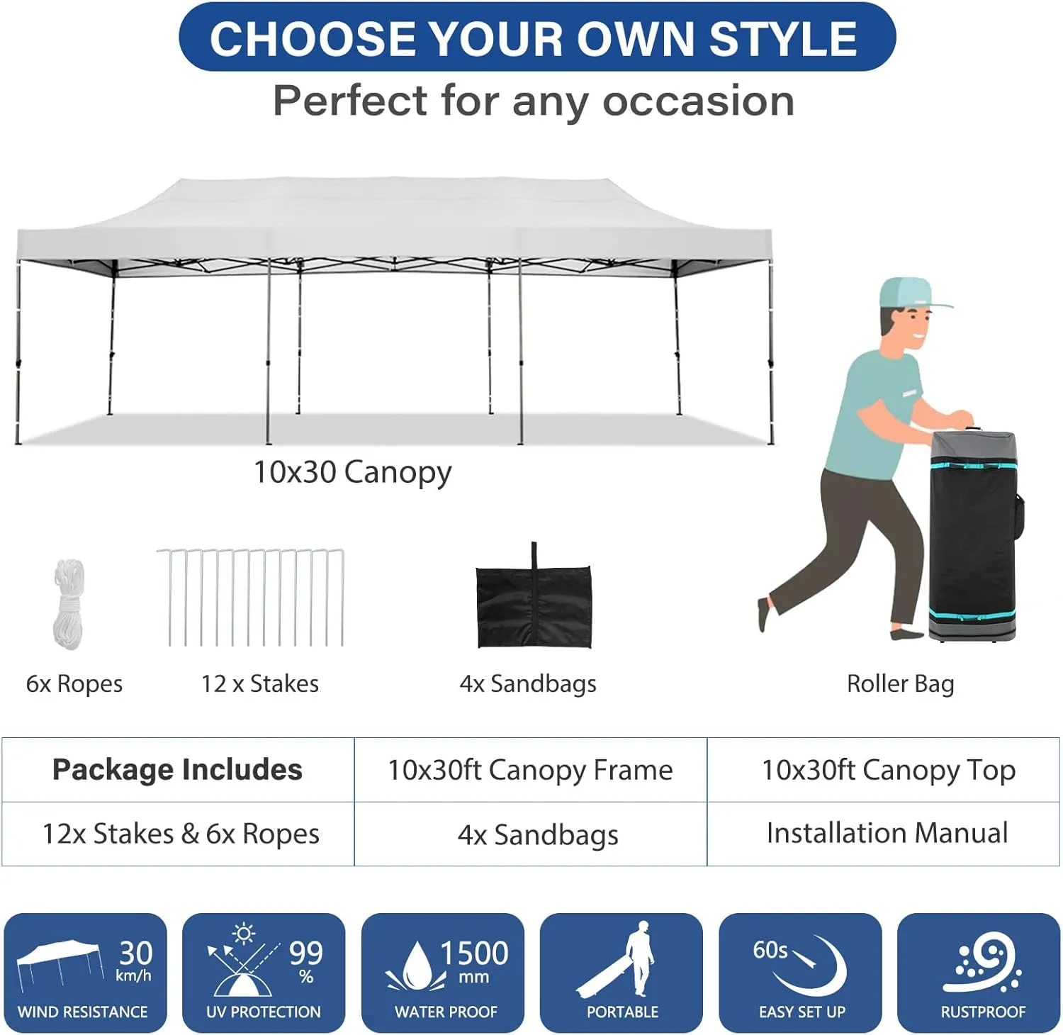 COBIZI 10x30 Pop up Canopy Tent Heavy Duty Without Sidewalls, Easy Set-up Commercial Outdoor Party Tent, 100% Waterproof Wedding Tent Gazebo, 3 Height Adjustable with Wheeled Bag, White