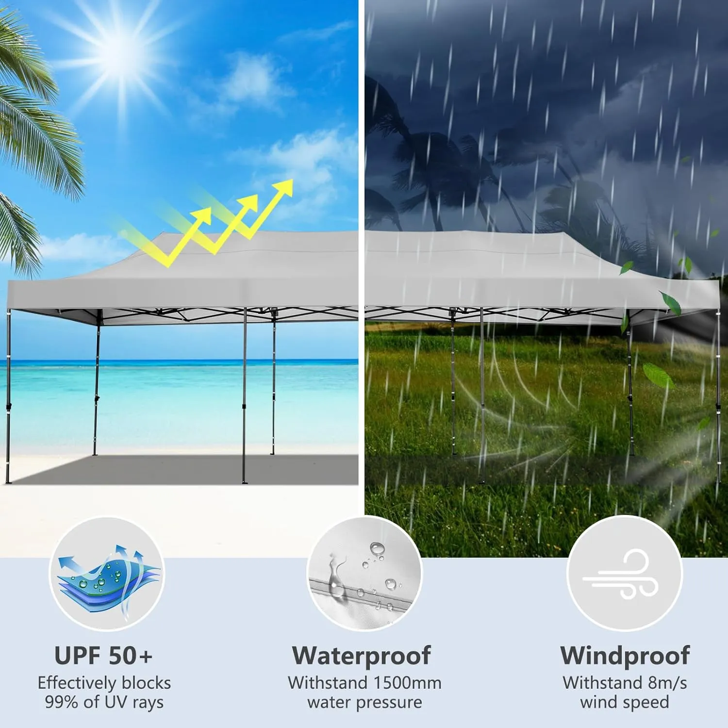 COBIZI 10x30 Pop up Canopy Tent Heavy Duty Without Sidewalls, Easy Set-up Commercial Outdoor Party Tent, 100% Waterproof Wedding Tent Gazebo, 3 Height Adjustable with Wheeled Bag, White