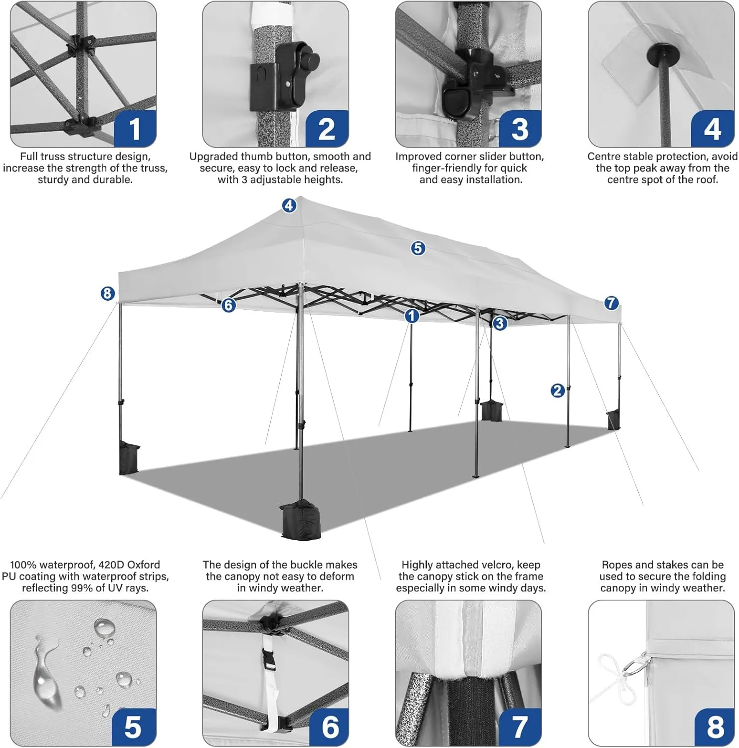 COBIZI 10x30 Pop up Canopy Tent Heavy Duty Without Sidewalls, Easy Set-up Commercial Outdoor Party Tent, 100% Waterproof Wedding Tent Gazebo, 3 Height Adjustable with Wheeled Bag, White