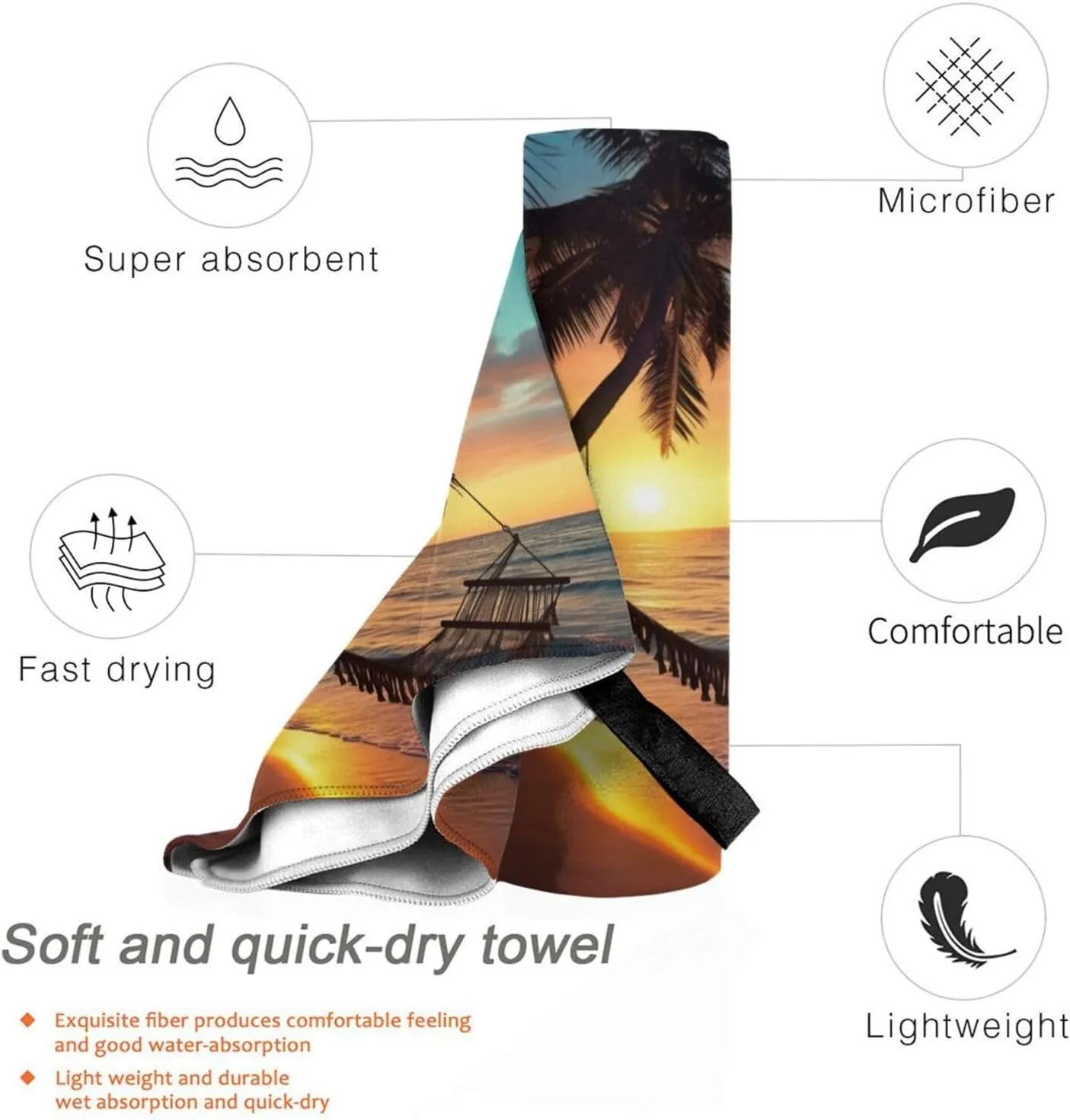 Coconut Beach Sunset Hammock Print Quick Dry Towel Super Absorbent Microfiber Towel for Outdoor Adventures and Trav, White