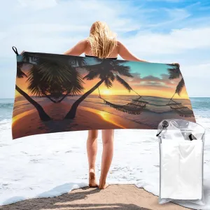 Coconut Beach Sunset Hammock Print Quick Dry Towel Super Absorbent Microfiber Towel for Outdoor Adventures and Trav, White