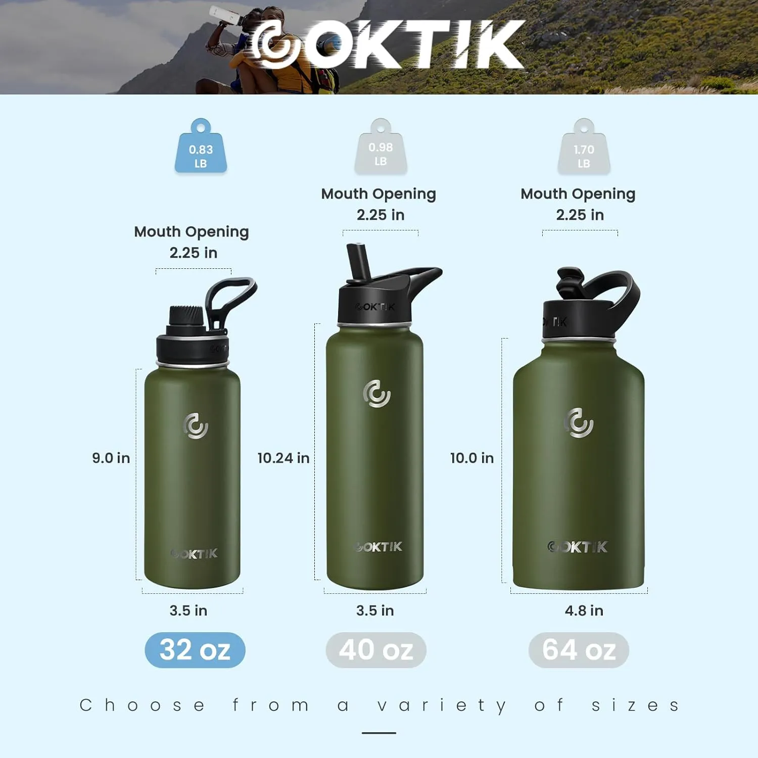 COKTIK 32 oz Sports Water Bottle With Straw,2 Lids, Stainless Steel Vacuum Insulated Water Bottles,Leakproof Lightweight, Keeps Cold and Hot, Great for Travel, Hiking, Biking, Running (Army Green)