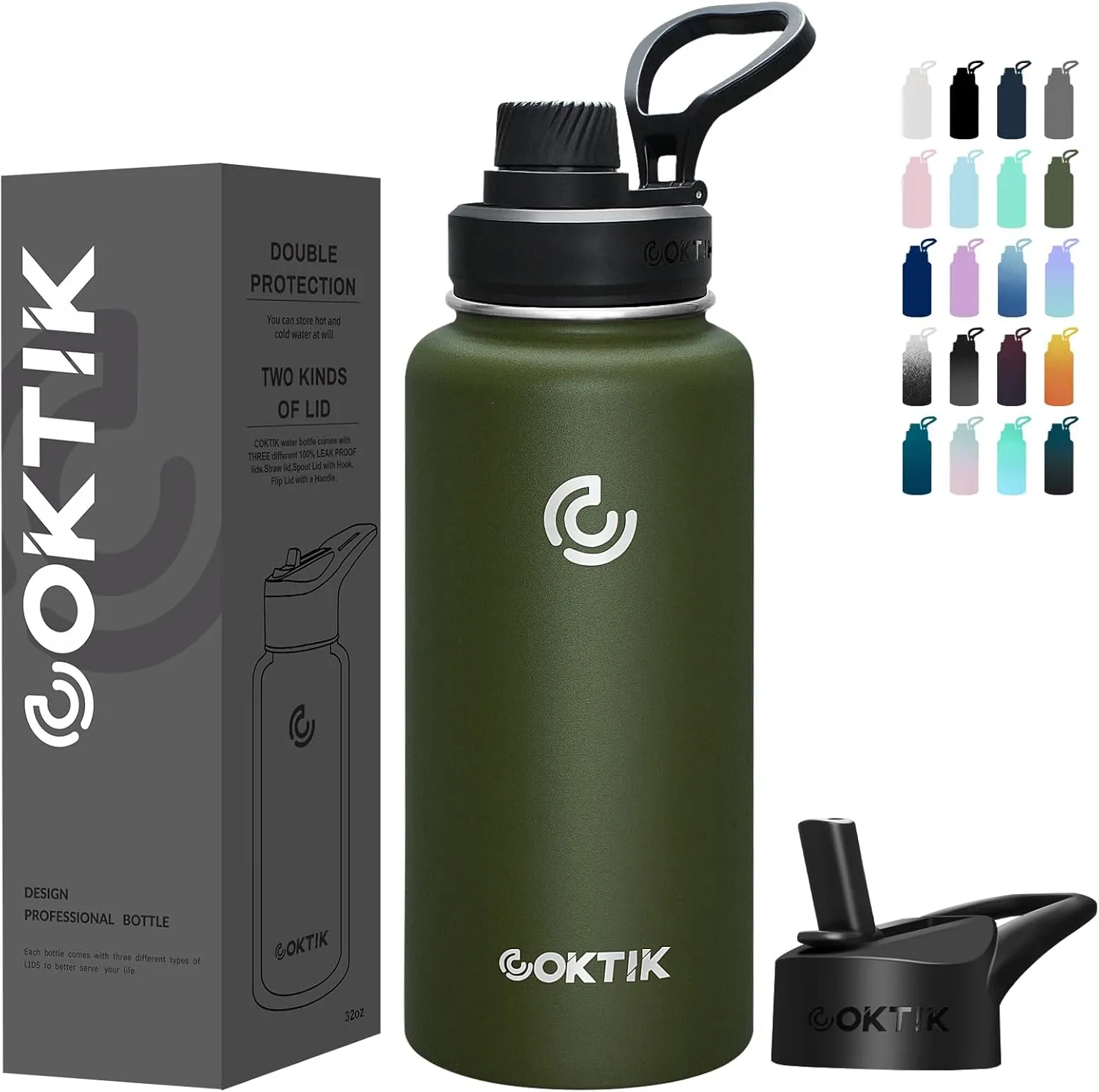 COKTIK 32 oz Sports Water Bottle With Straw,2 Lids, Stainless Steel Vacuum Insulated Water Bottles,Leakproof Lightweight, Keeps Cold and Hot, Great for Travel, Hiking, Biking, Running (Army Green)