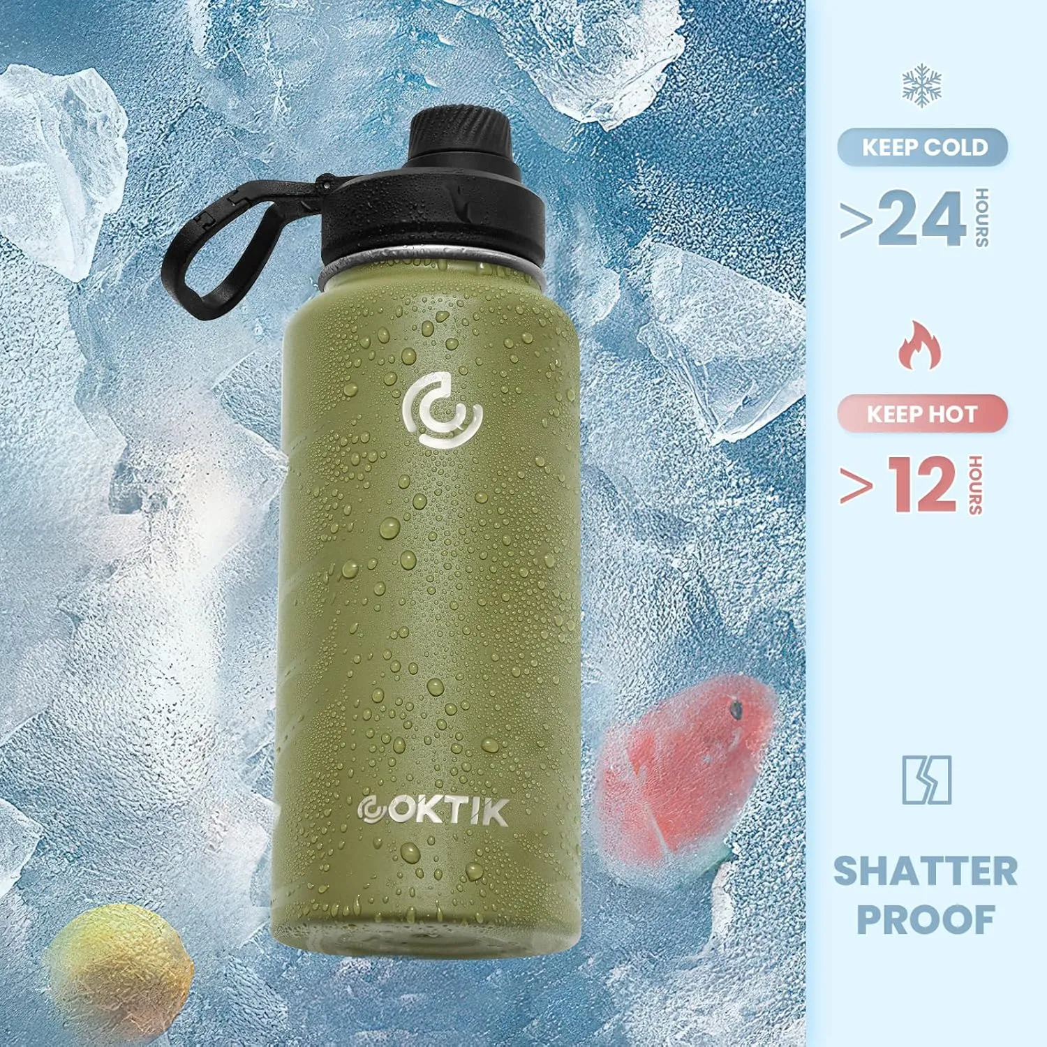 COKTIK 32 oz Sports Water Bottle With Straw,2 Lids, Stainless Steel Vacuum Insulated Water Bottles,Leakproof Lightweight, Keeps Cold and Hot, Great for Travel, Hiking, Biking, Running (Army Green)