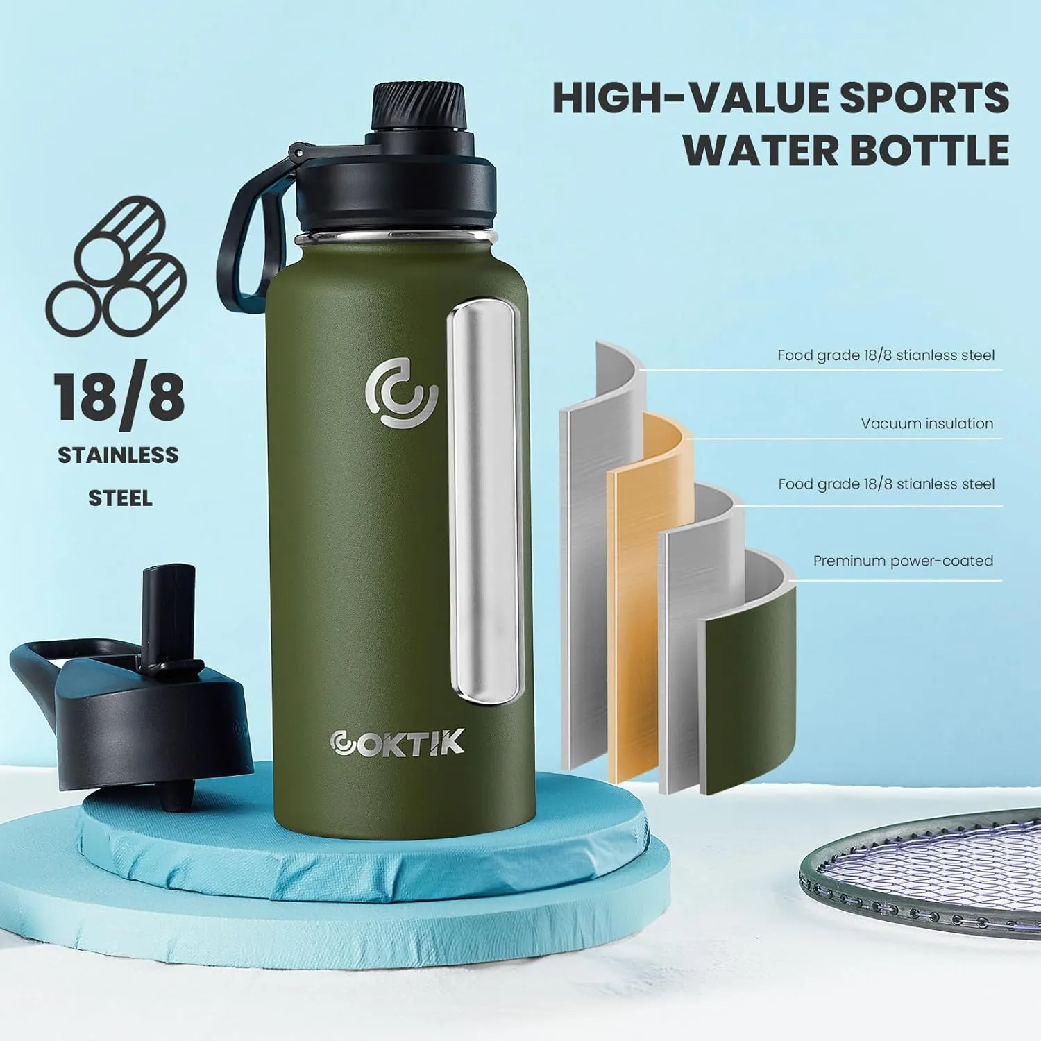 COKTIK 32 oz Sports Water Bottle With Straw,2 Lids, Stainless Steel Vacuum Insulated Water Bottles,Leakproof Lightweight, Keeps Cold and Hot, Great for Travel, Hiking, Biking, Running (Army Green)