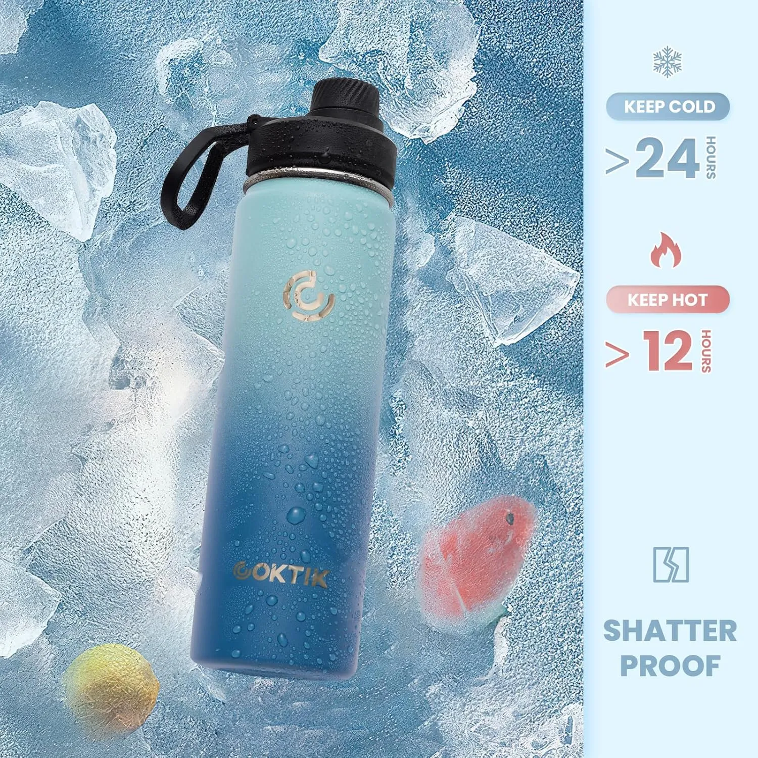 COKTIK Insulated Stainless Steel Water Bottle With Straw Lid, 22 oz Wide Mouth Double Wall Vacuum Insulated Water Bottle Leakproof Lightweight for Hiking, Biking, Running(Blue Waves)