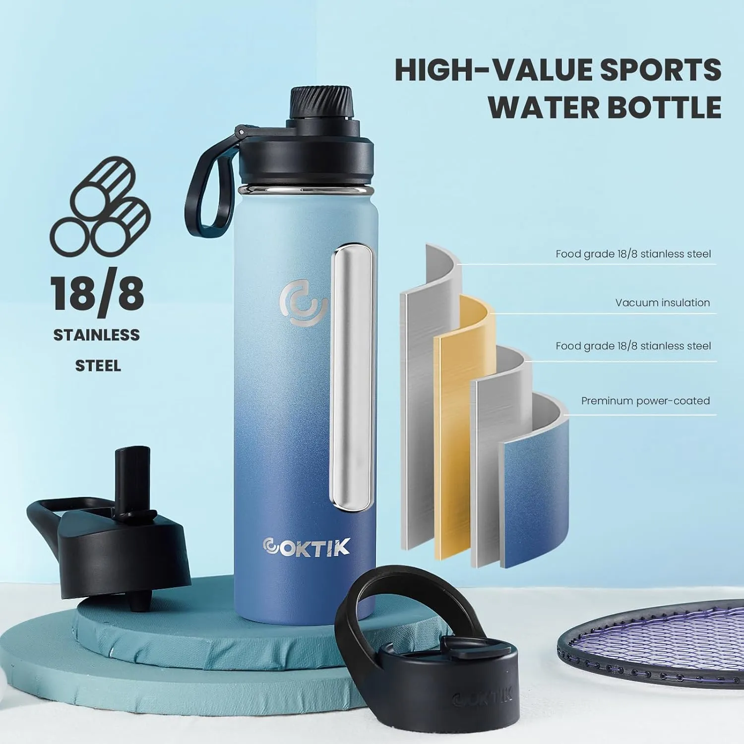 COKTIK Insulated Stainless Steel Water Bottle With Straw Lid, 22 oz Wide Mouth Double Wall Vacuum Insulated Water Bottle Leakproof Lightweight for Hiking, Biking, Running(Blue Waves)