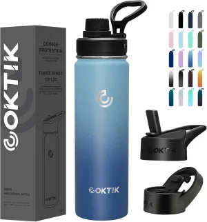 COKTIK Insulated Stainless Steel Water Bottle With Straw Lid, 22 oz Wide Mouth Double Wall Vacuum Insulated Water Bottle Leakproof Lightweight for Hiking, Biking, Running(Blue Waves)