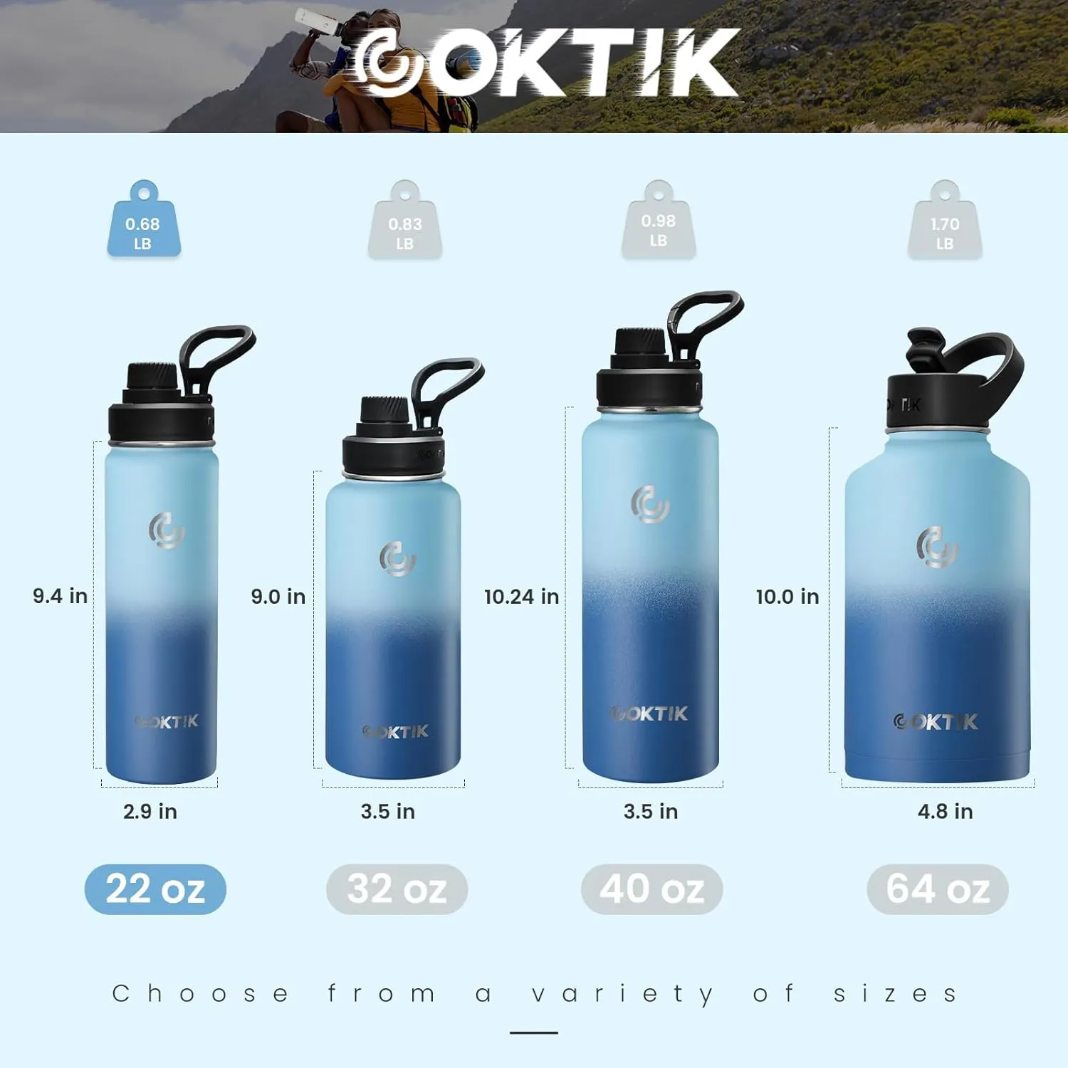 COKTIK Insulated Stainless Steel Water Bottle With Straw Lid, 22 oz Wide Mouth Double Wall Vacuum Insulated Water Bottle Leakproof Lightweight for Hiking, Biking, Running(Blue Waves)